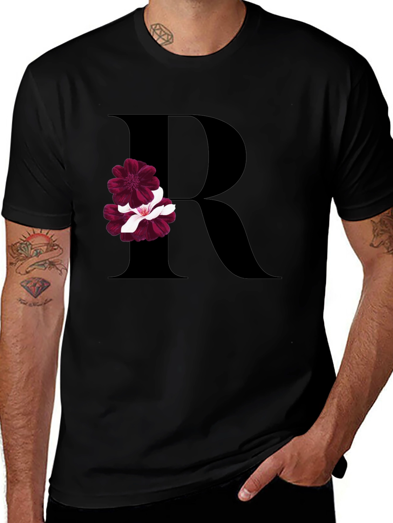 Floral Letter R Black T-Shirt
