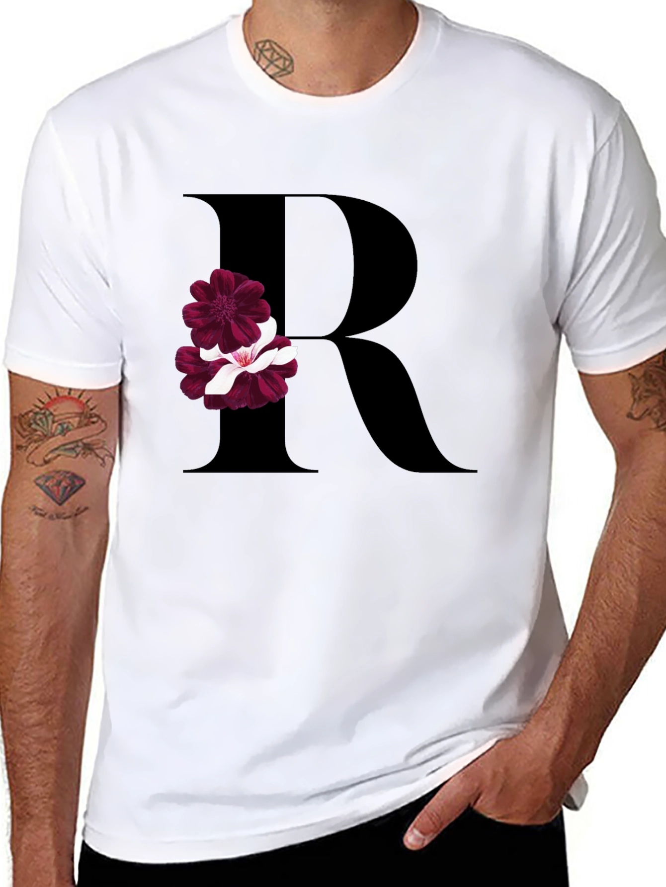 Floral Letter R Black T-Shirt