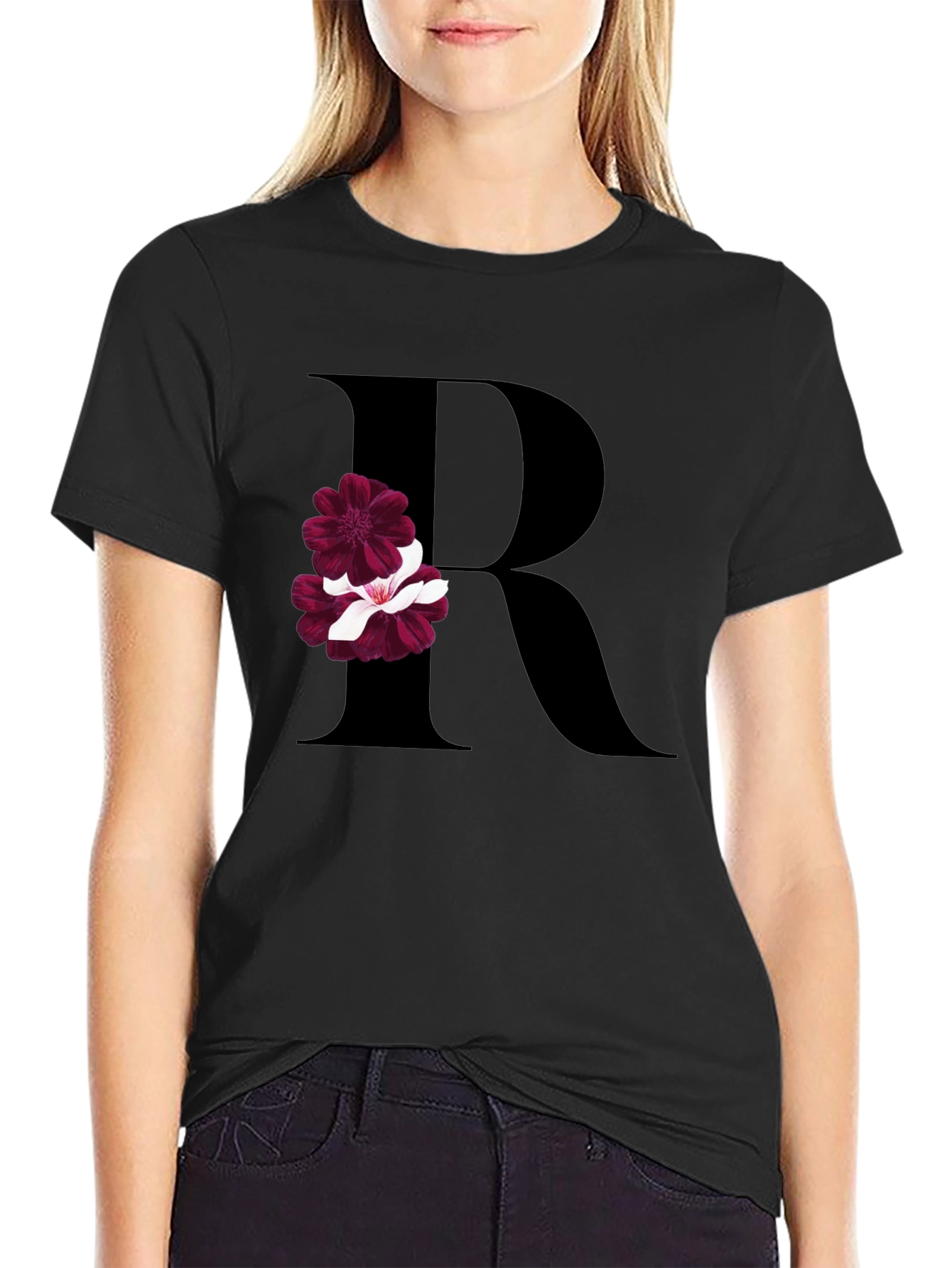 Floral Letter R Black T-Shirt
