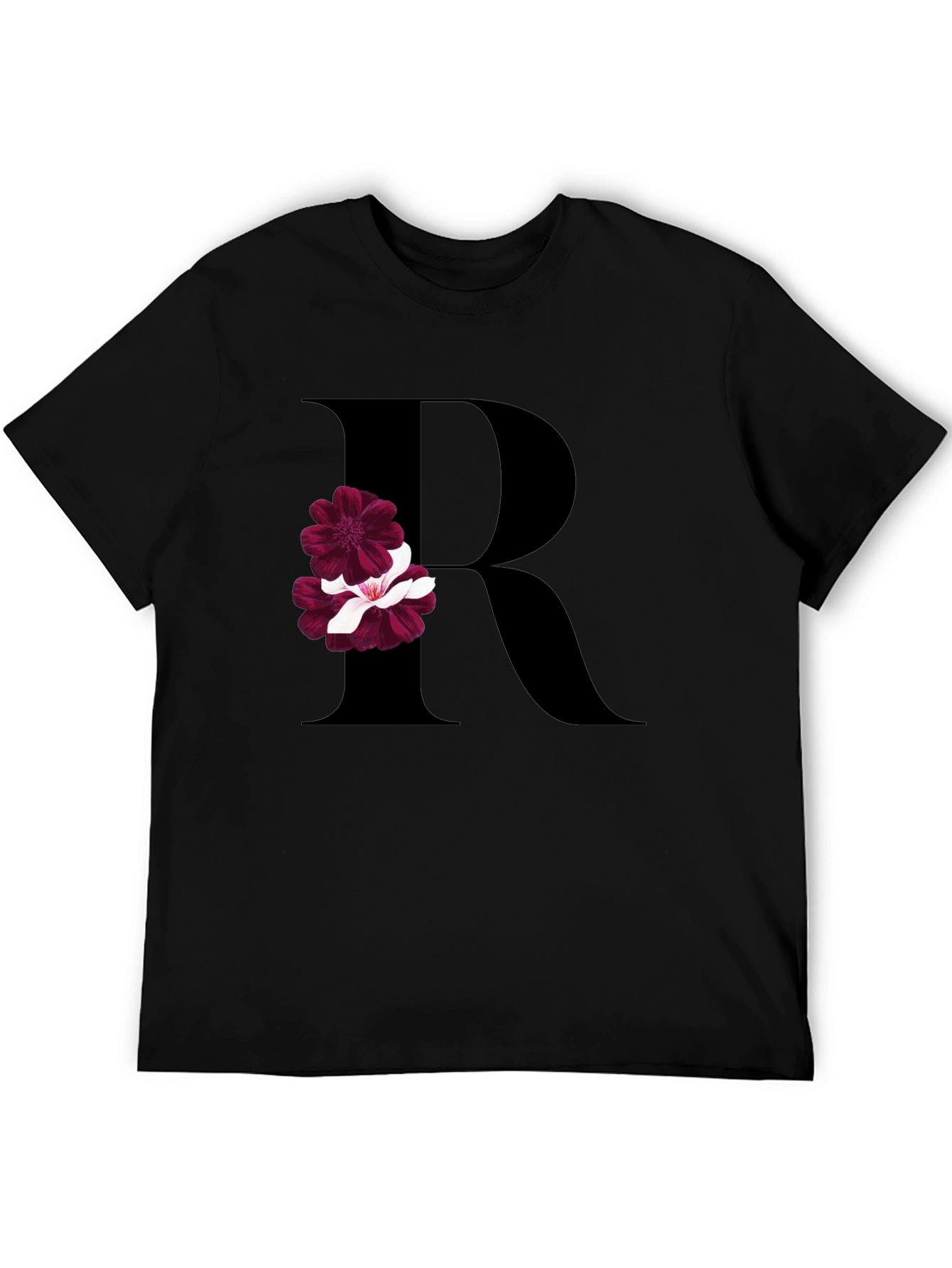 Floral Letter R Black T-Shirt