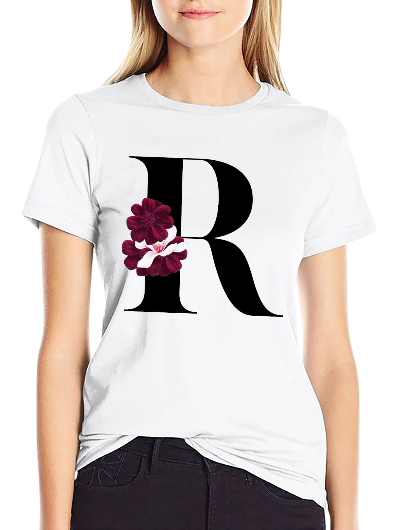 Floral Letter R Black T-Shirt