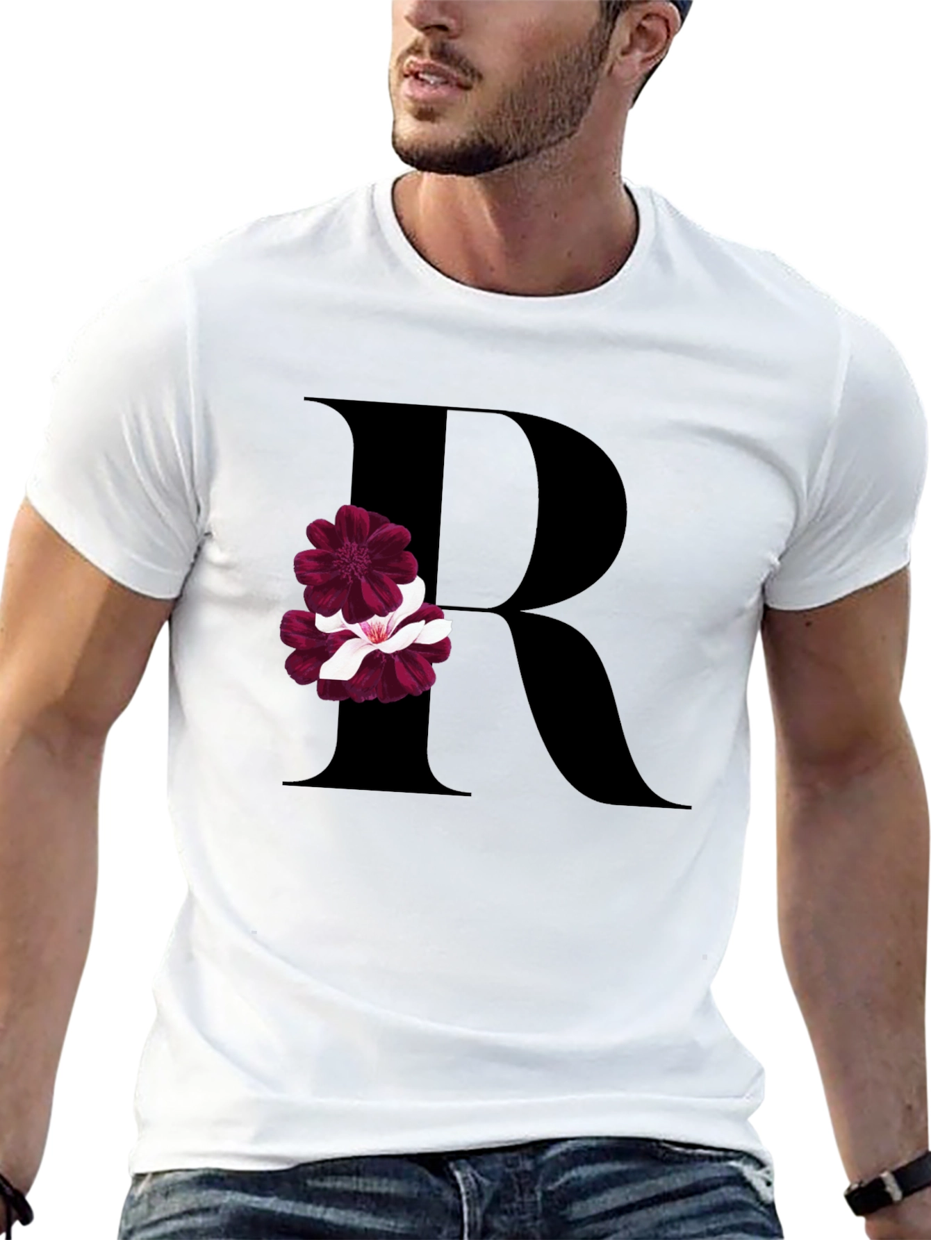 Floral Letter R Black T-Shirt