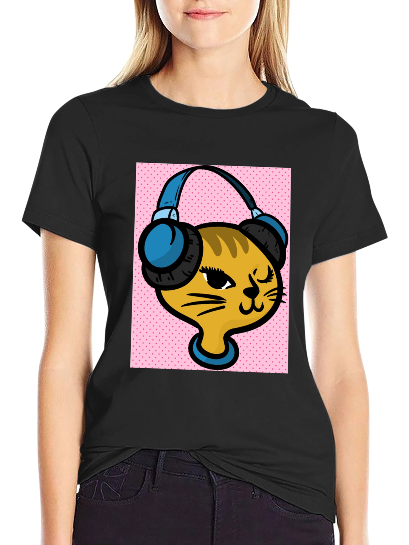 DJ Cat Graphic Tee - Stylish Black Cotton T-Shirt