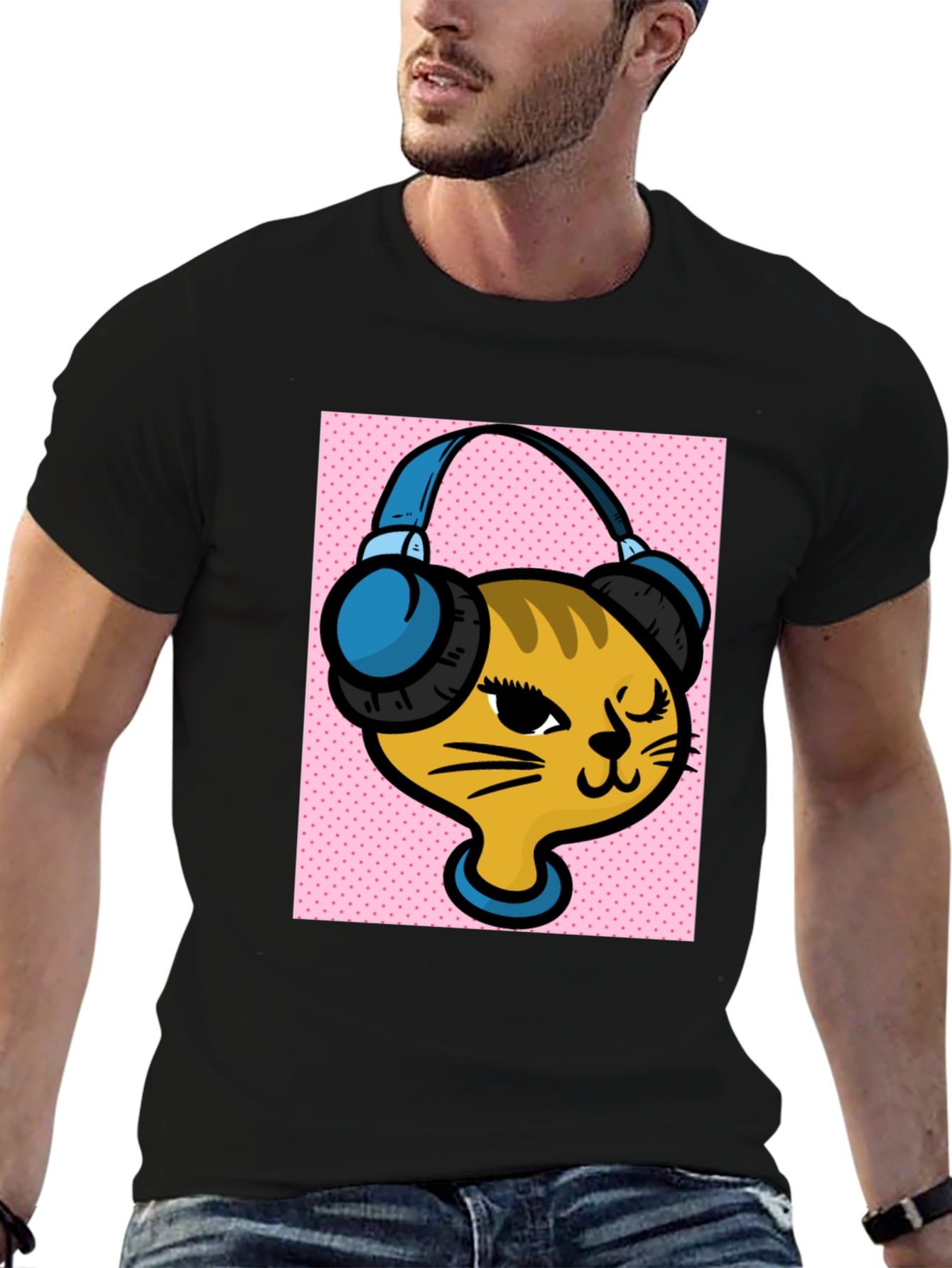 DJ Cat Graphic Tee - Stylish Black Cotton T-Shirt