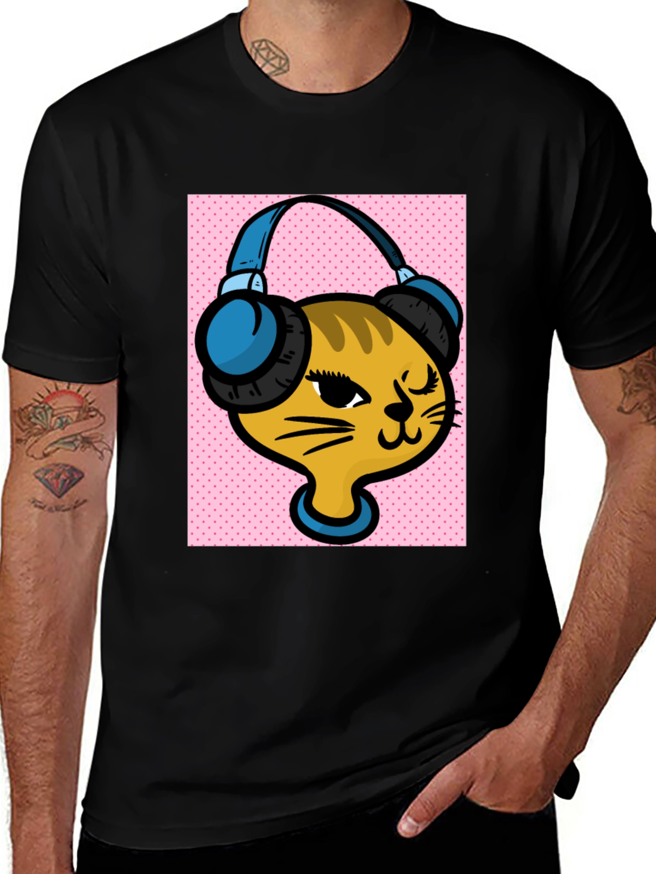DJ Cat Graphic Tee - Stylish Black Cotton T-Shirt