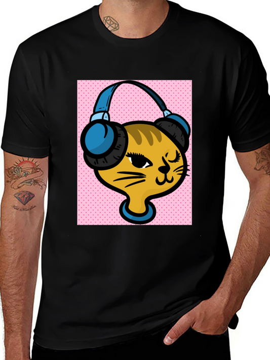DJ Cat Graphic Tee - Stylish Black Cotton T-Shirt
