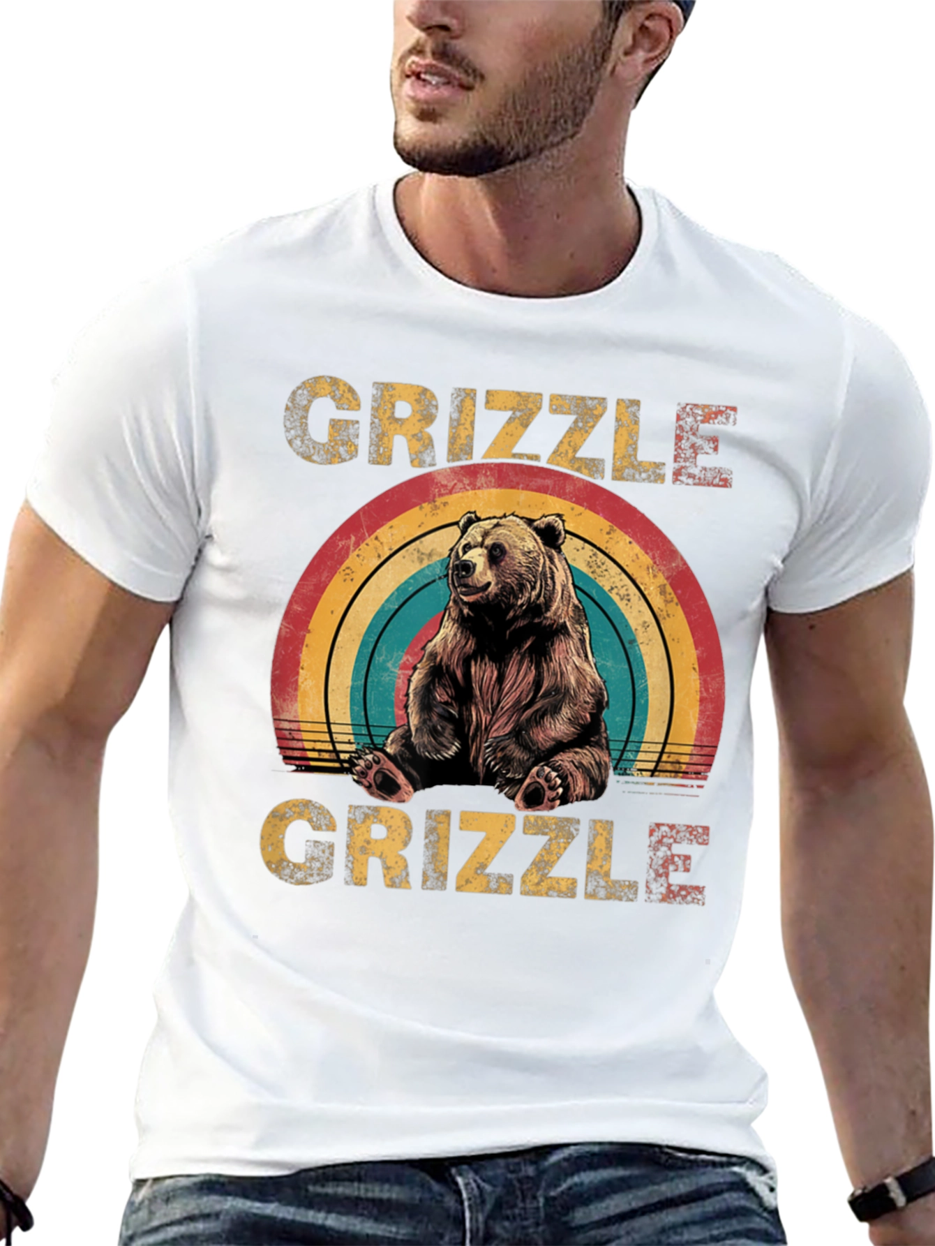 GRIZZLE Bear Rainbow Graphic Tee - Unisex Casual T-Shirt
