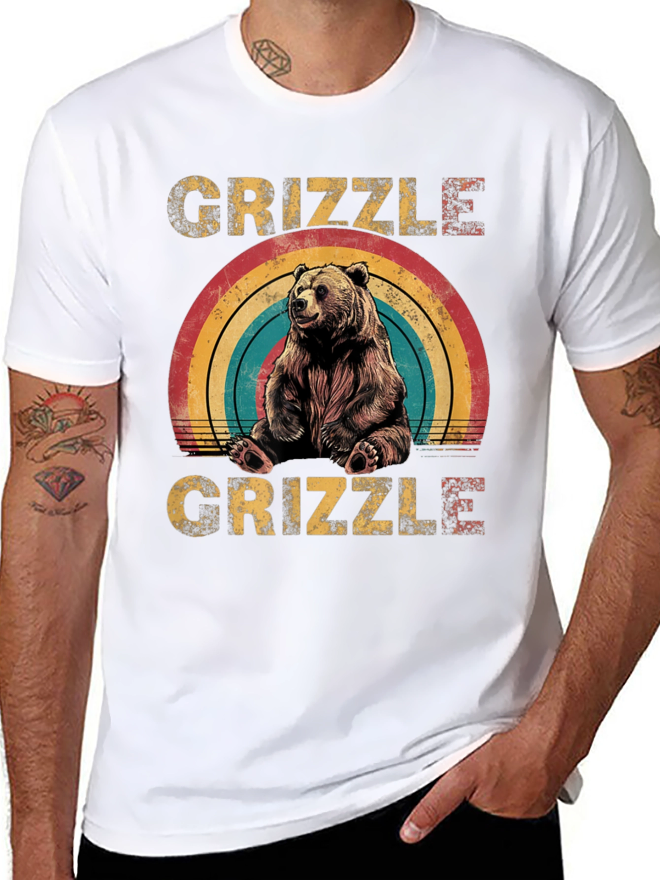 GRIZZLE Bear Rainbow Graphic Tee - Unisex Casual T-Shirt