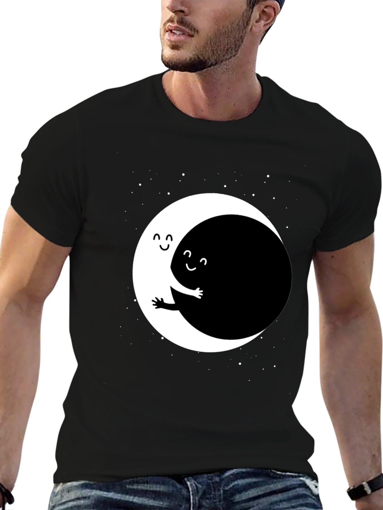 Yin Yang Moon Hug Graphic Tee - Black