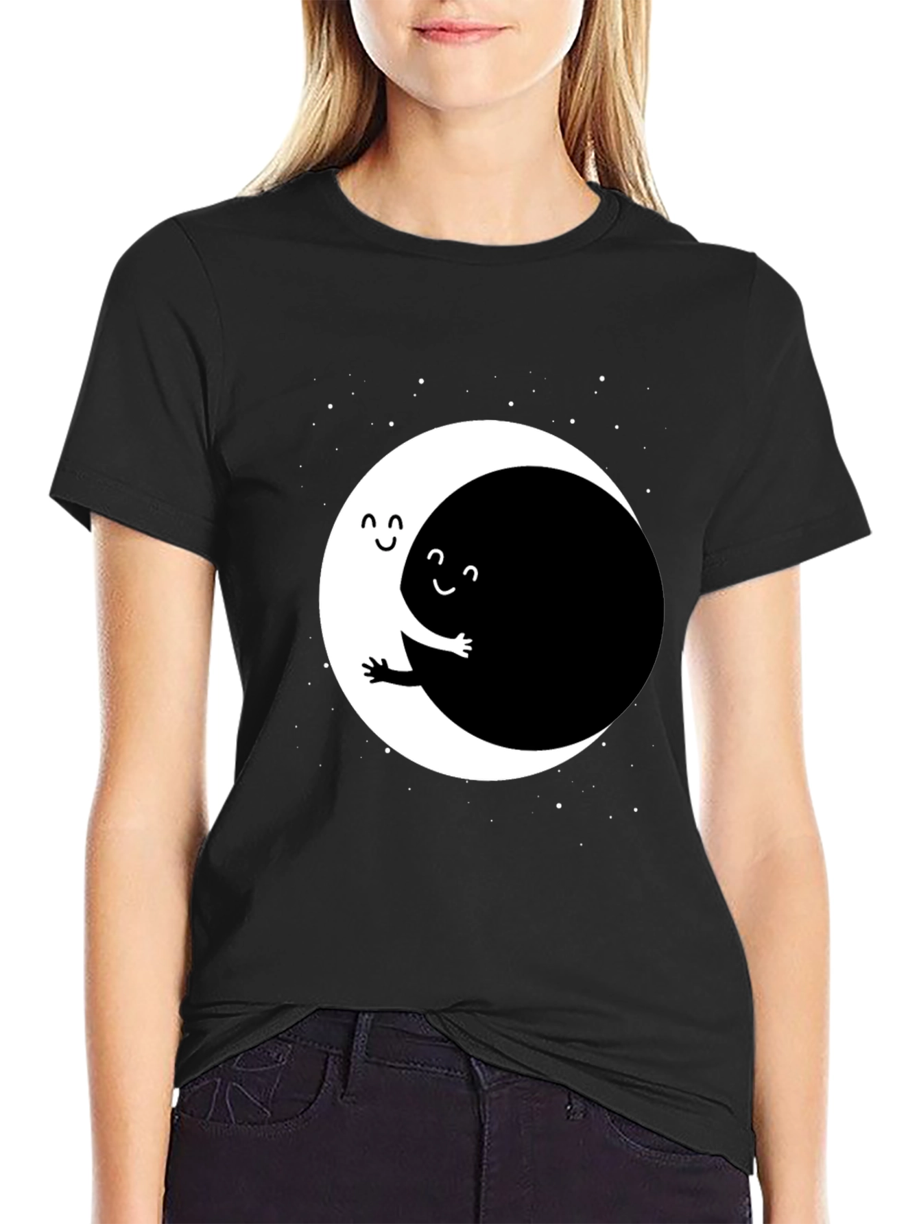 Yin Yang Moon Hug Graphic Tee - Black