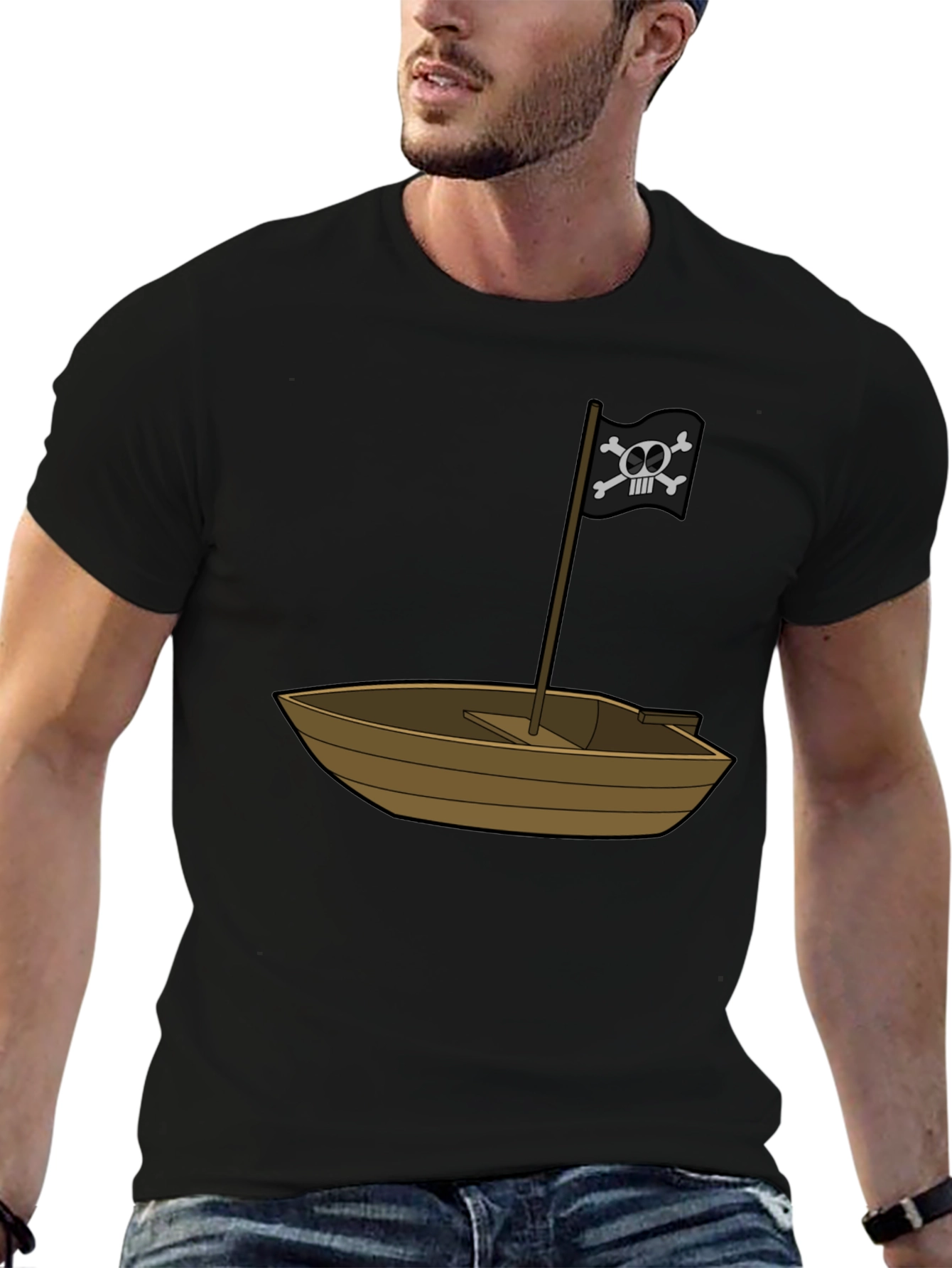 Pirate Ship T-Shirt - Black Cotton Blend Crew Neck