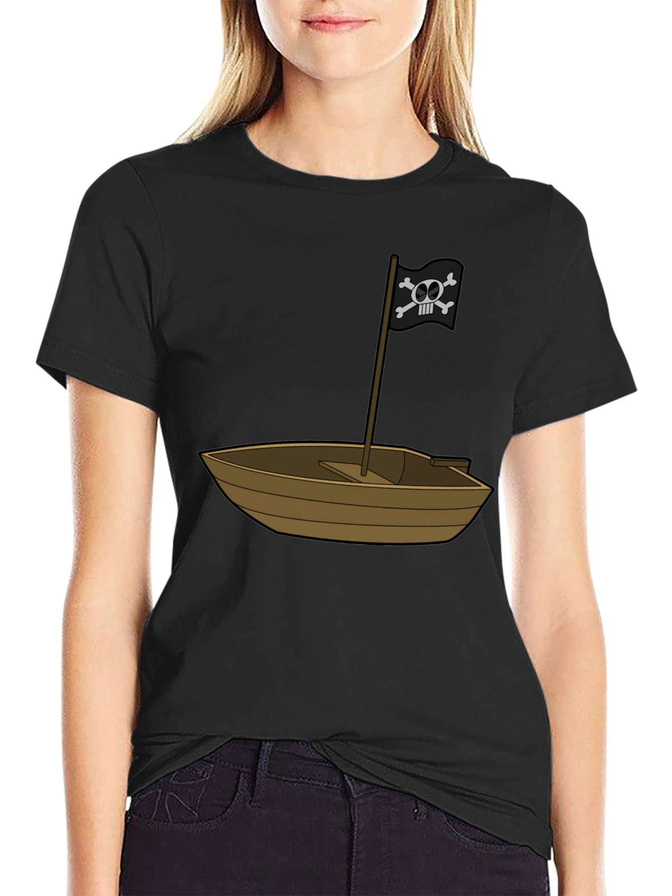Pirate Ship T-Shirt - Black Cotton Blend Crew Neck