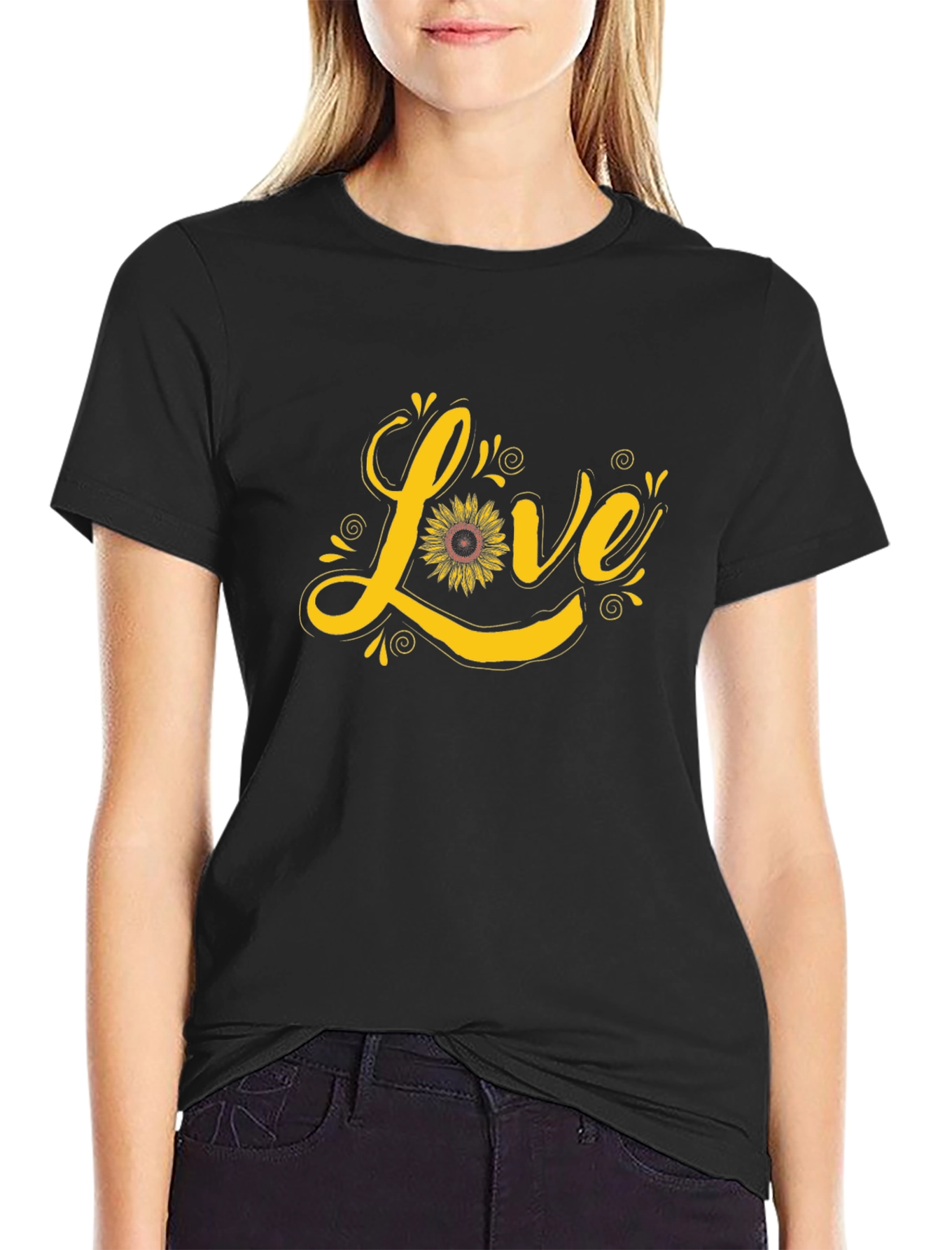 Sunflower Love Graphic Tee - Black Cotton Shirt