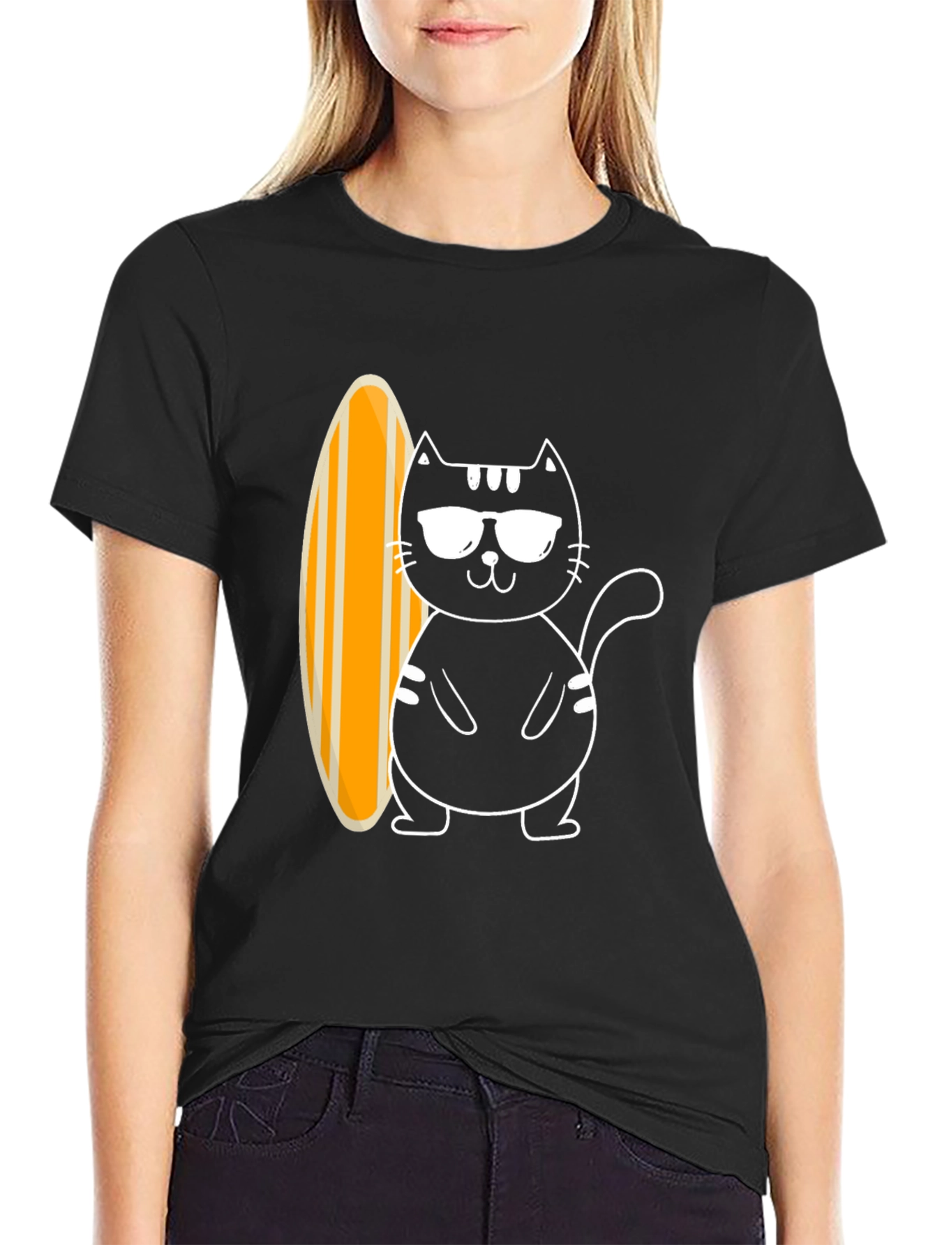 Cool Cat Surfboard Graphic Tee - Black Cotton T-Shirt