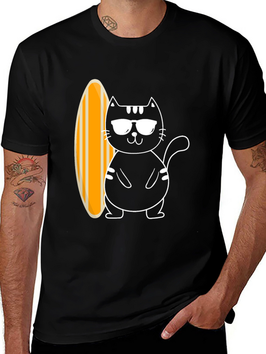 Cool Cat Surfboard Graphic Tee - Black Cotton T-Shirt
