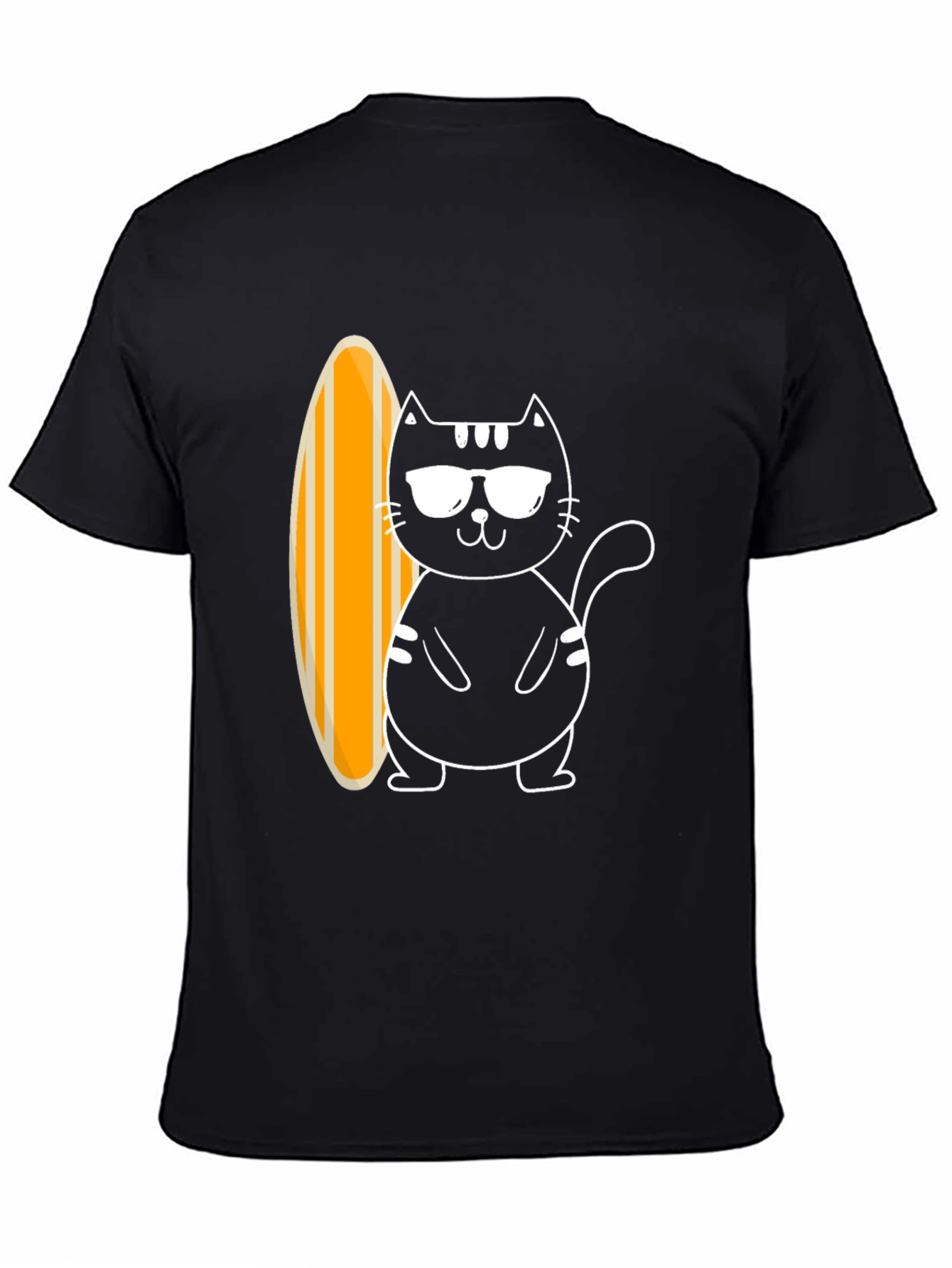 Cool Cat Surfboard Graphic Tee - Black Cotton T-Shirt