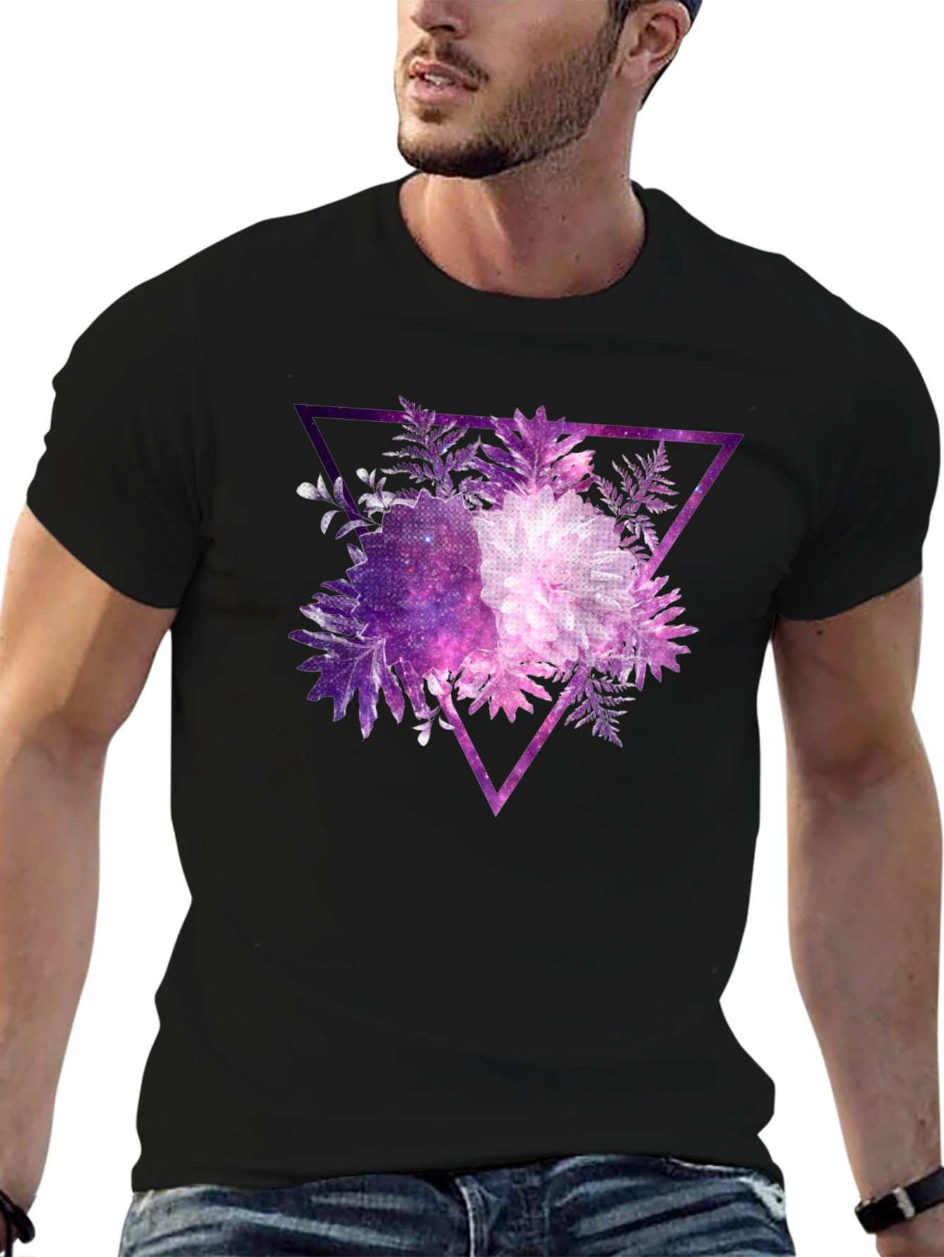 Galaxy Floral Triangle Mens Black T-Shirt