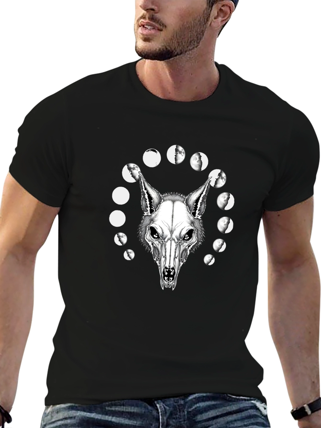 Wolf Skull Moon Phases Graphic Tee - Black