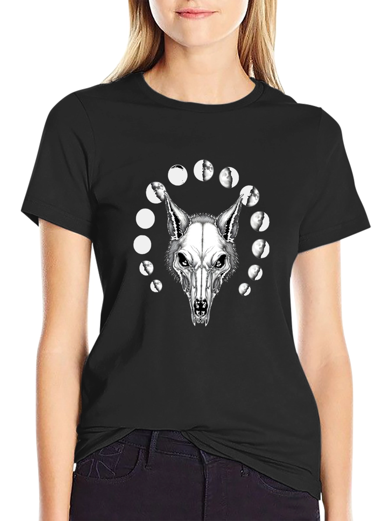 Wolf Skull Moon Phases Graphic Tee - Black