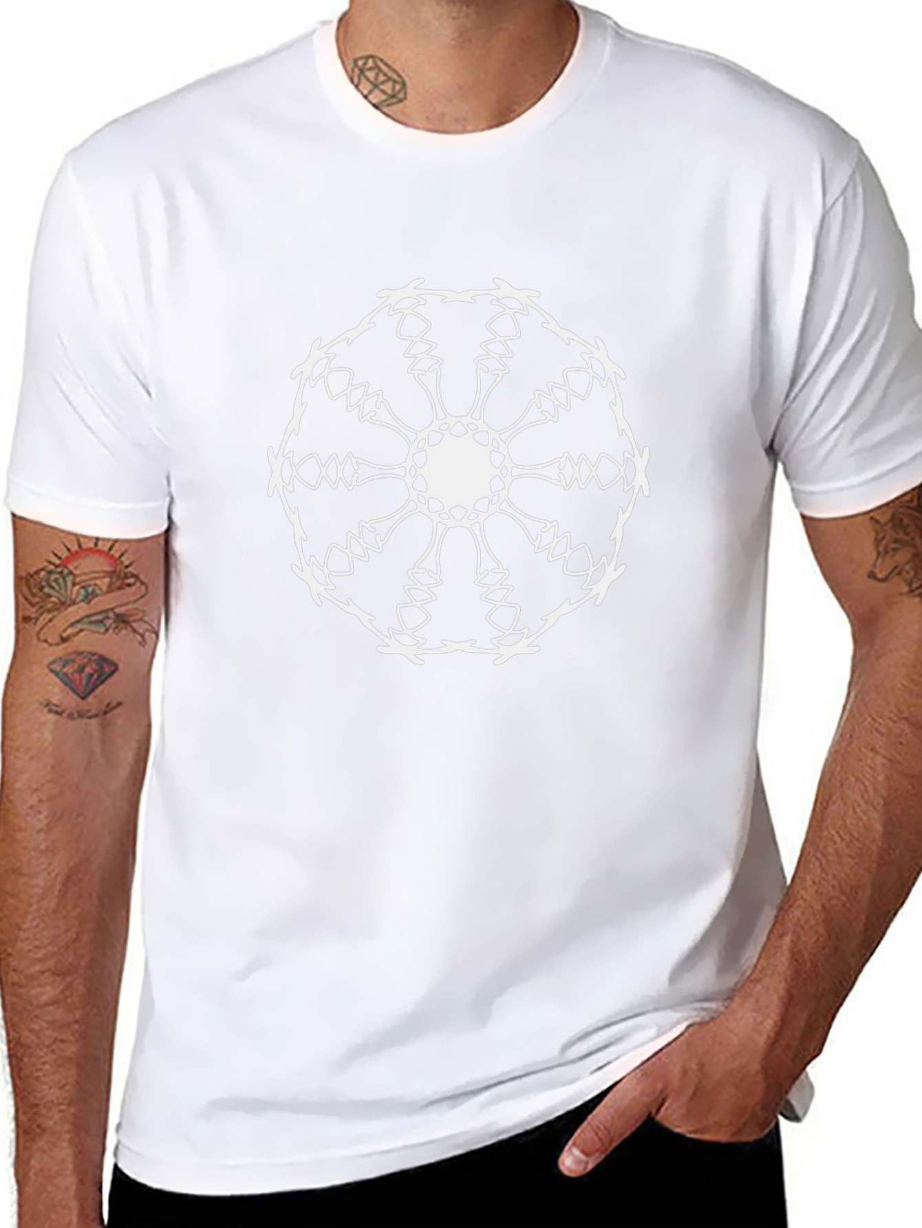Black Tee with White Geometric Mandala Print