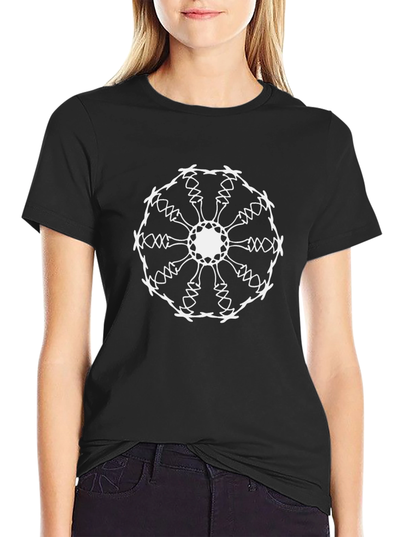 Black Tee with White Geometric Mandala Print