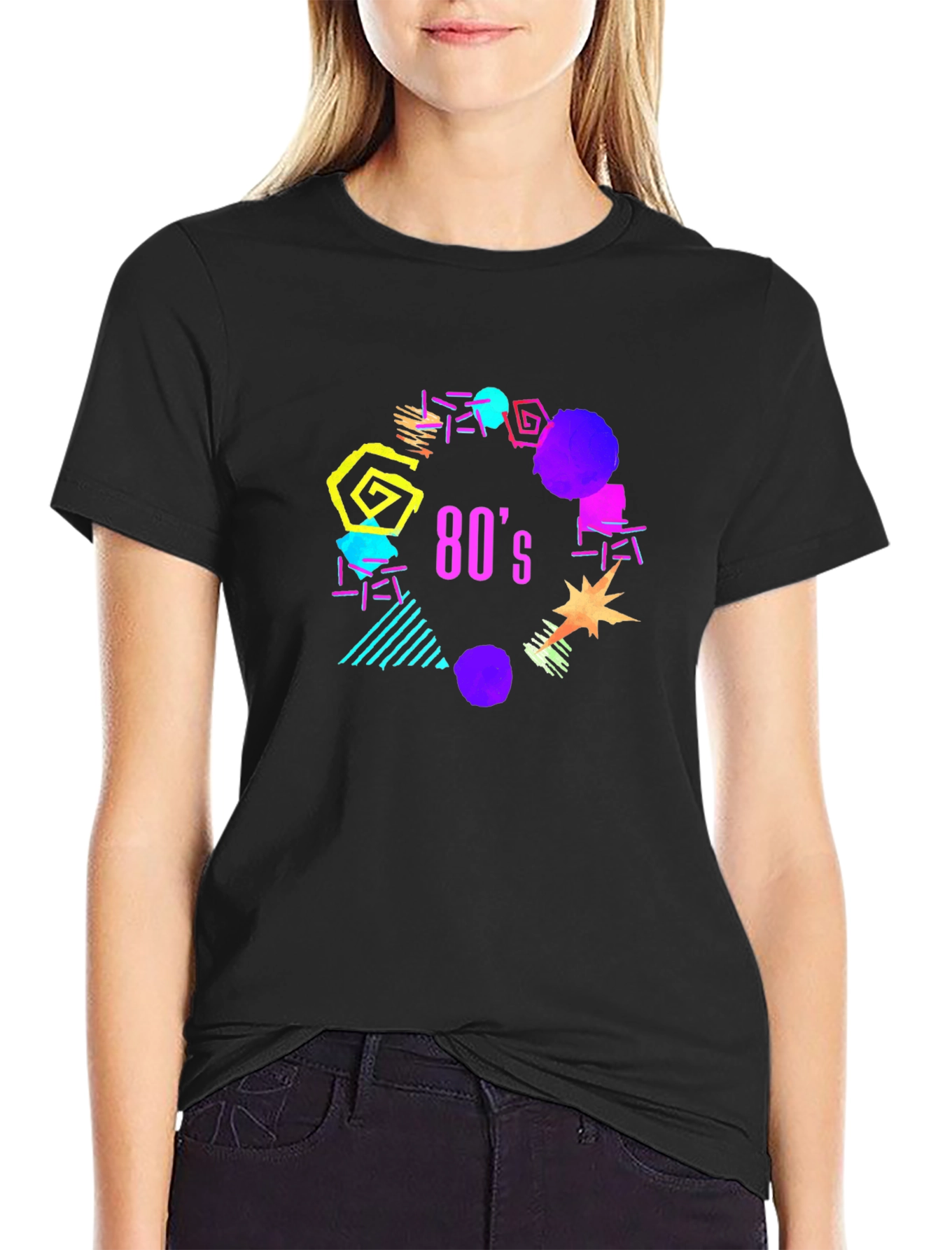 Vibrant 80s Graphic Black T-Shirt
