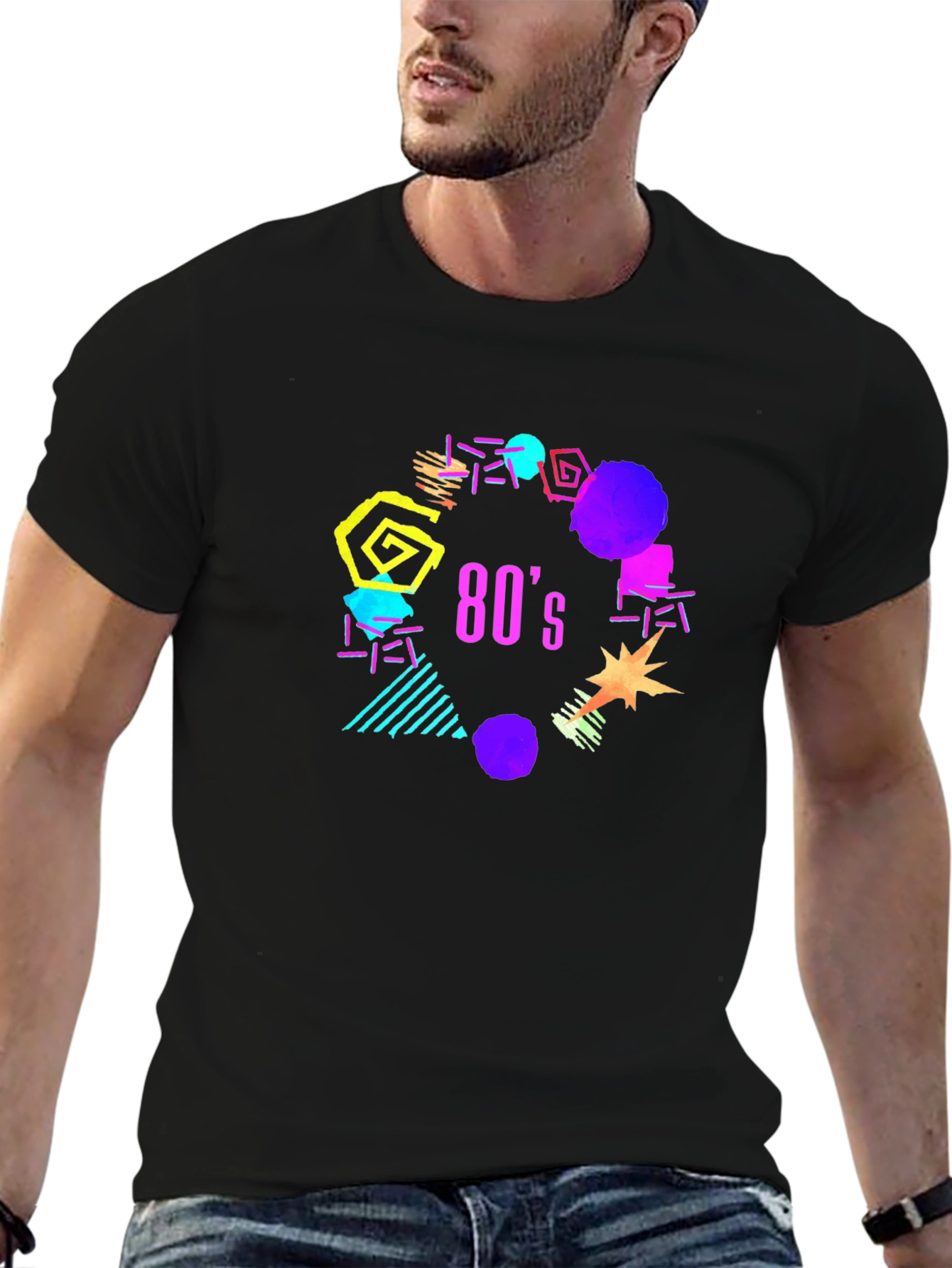Vibrant 80s Graphic Black T-Shirt