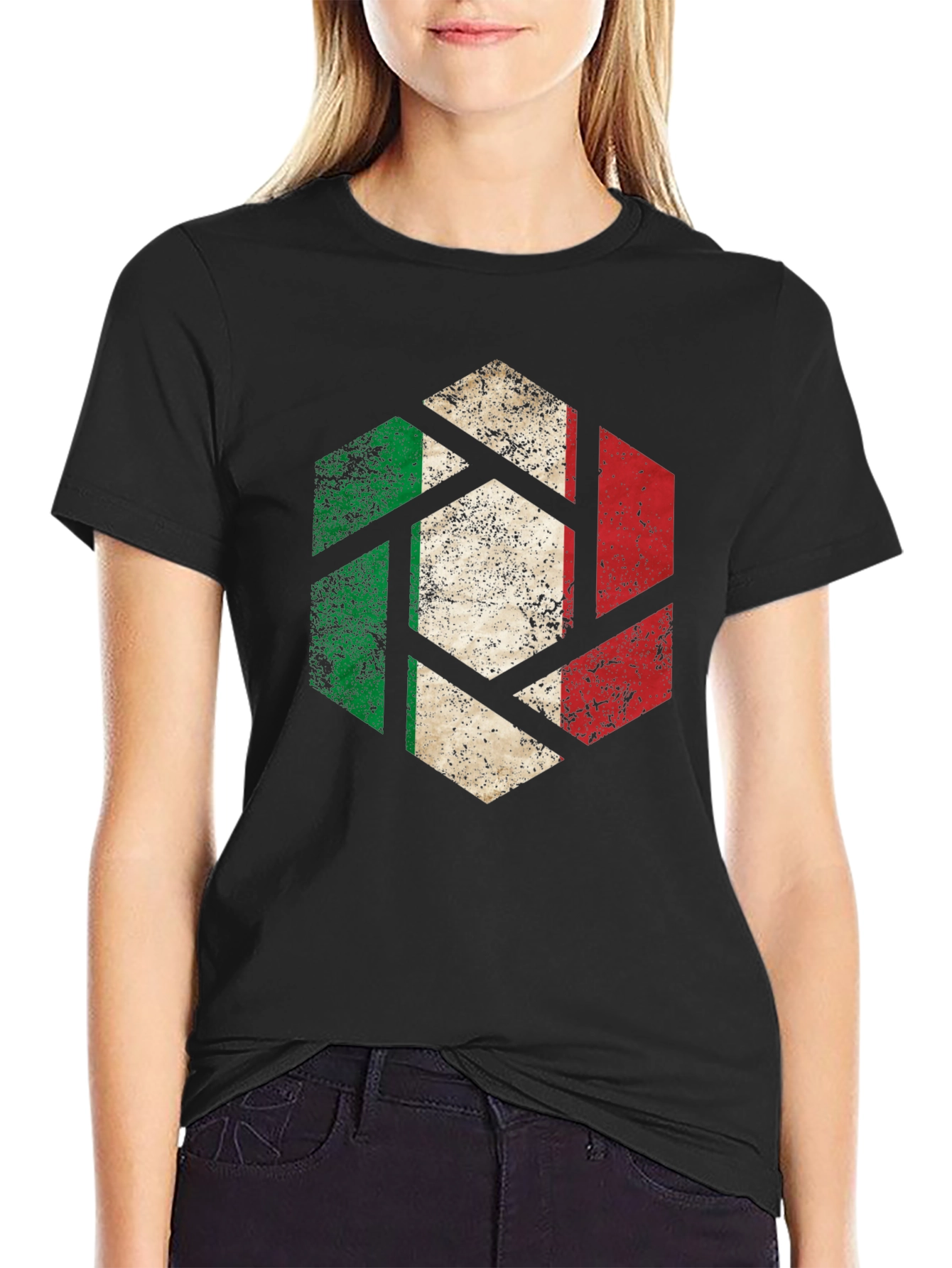 Italian Flag Hexagon Mens Black T-Shirt