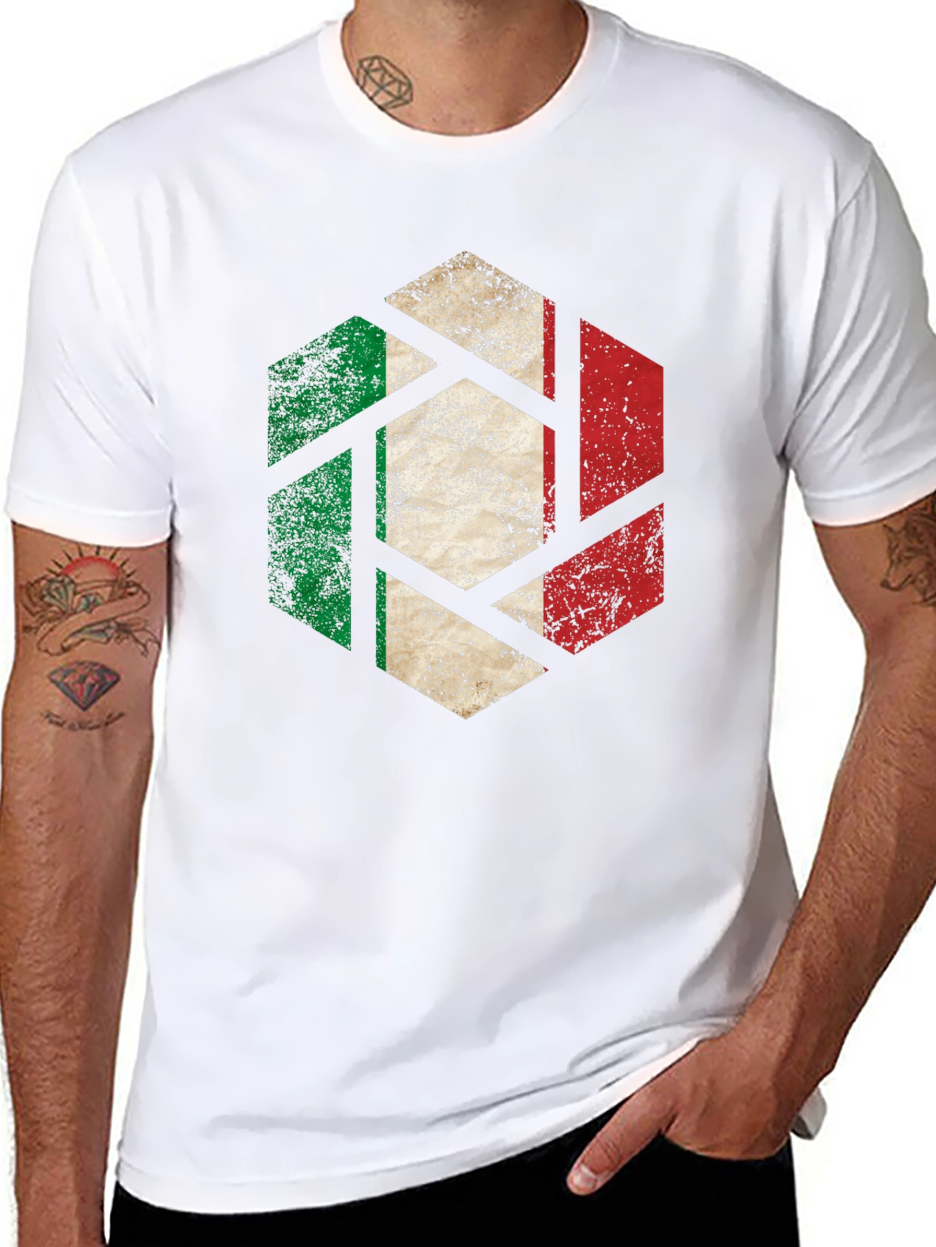 Italian Flag Hexagon Mens Black T-Shirt