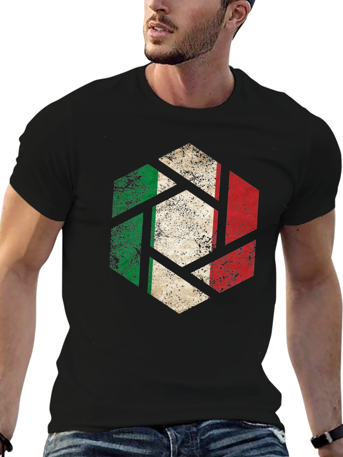 Italian Flag Hexagon Mens Black T-Shirt