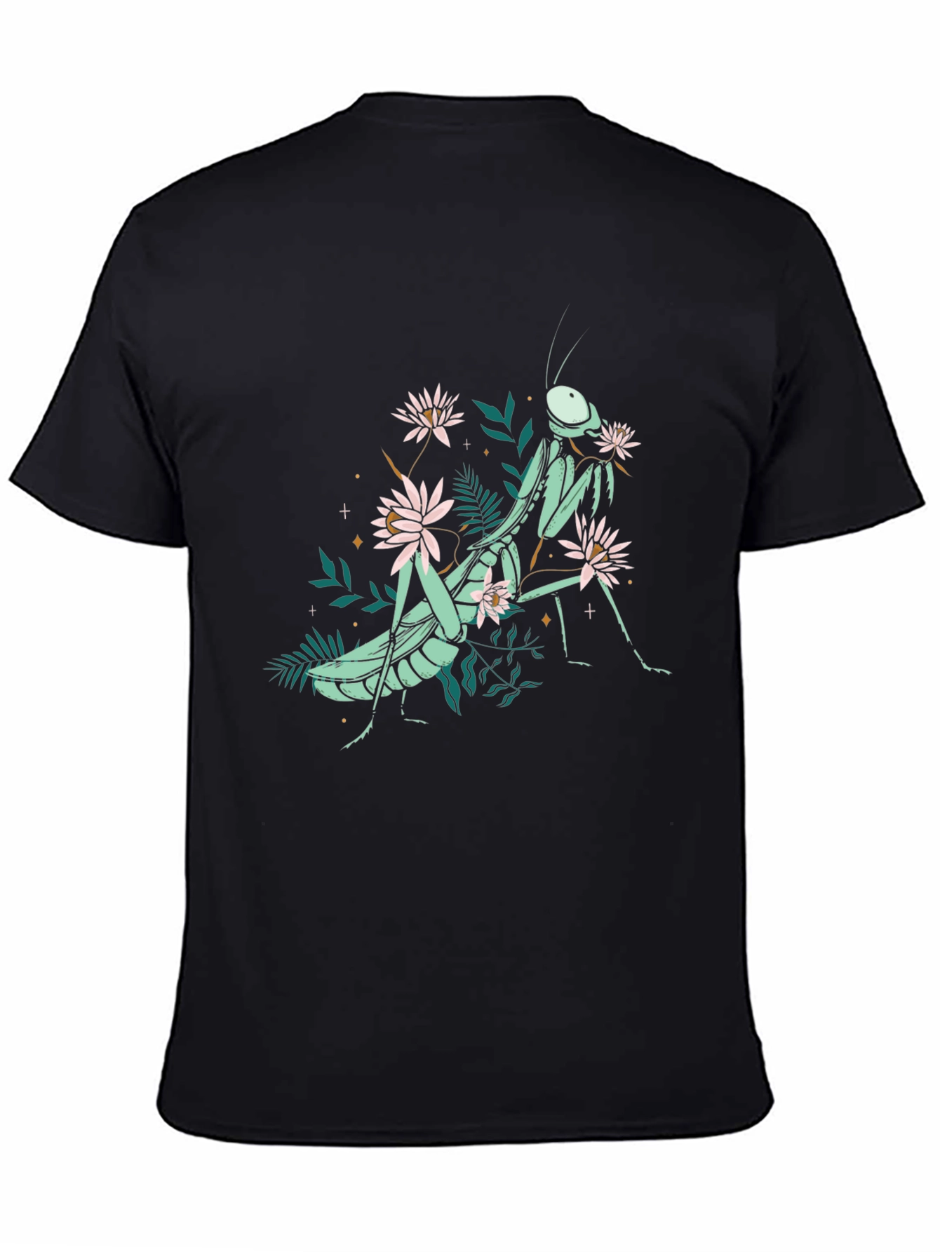 Botanical Praying Mantis Graphic Tee - Black Cotton
