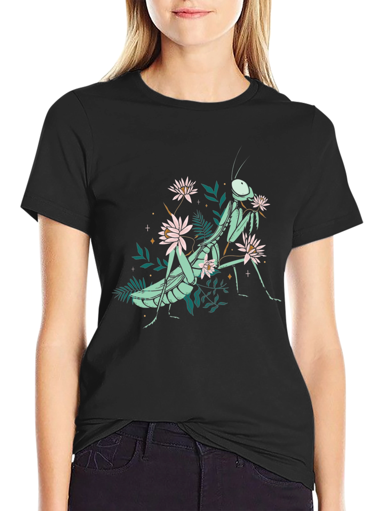 Botanical Praying Mantis Graphic Tee - Black Cotton