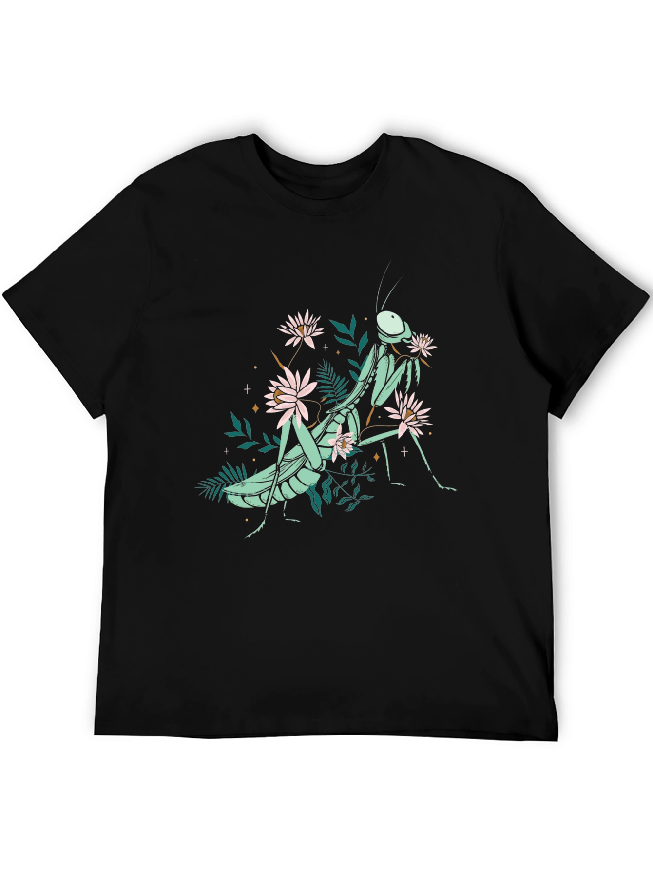Botanical Praying Mantis Graphic Tee - Black Cotton