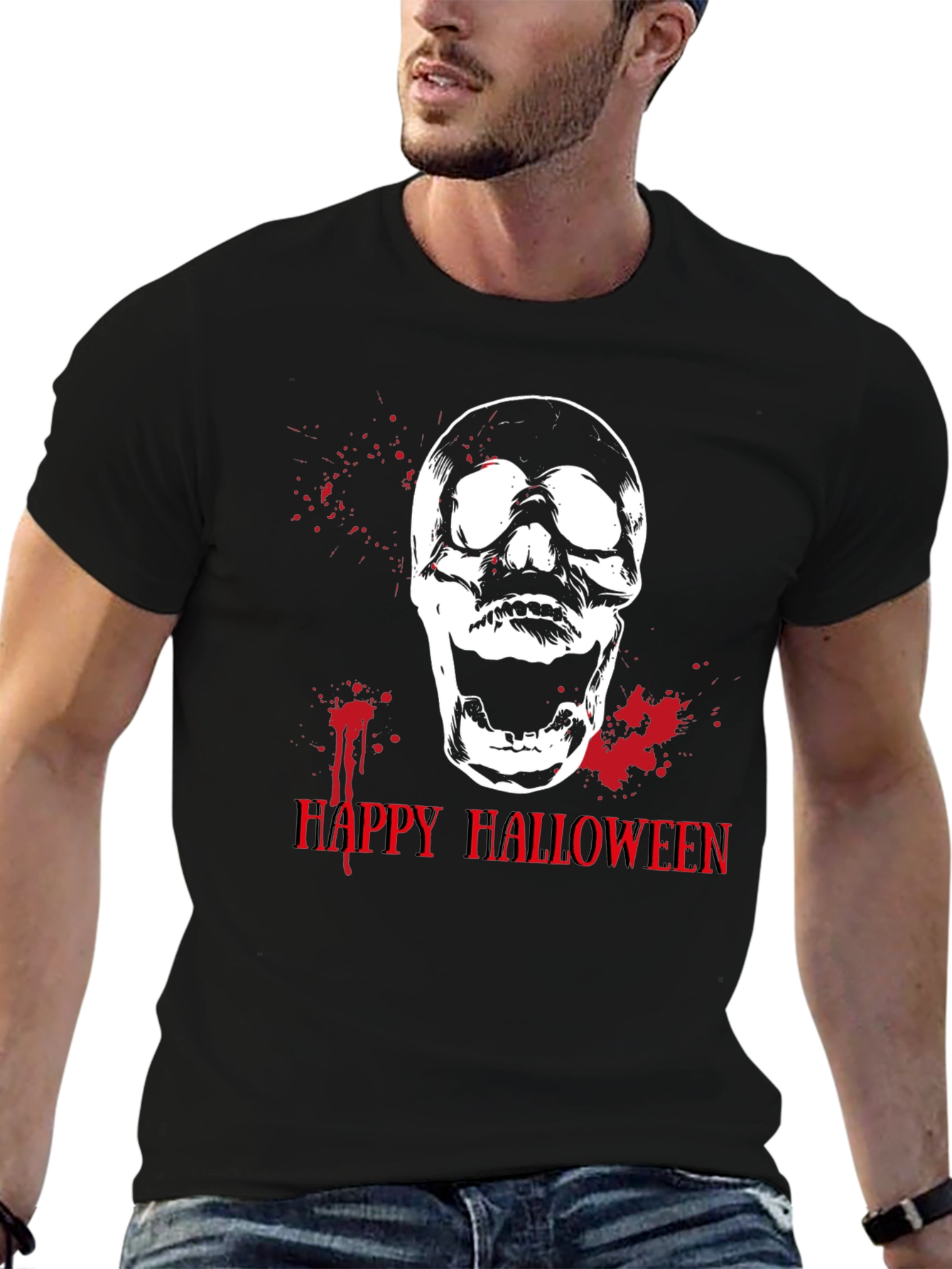Happy Halloween Skull Graphic Tee - Mens Black T-Shirt