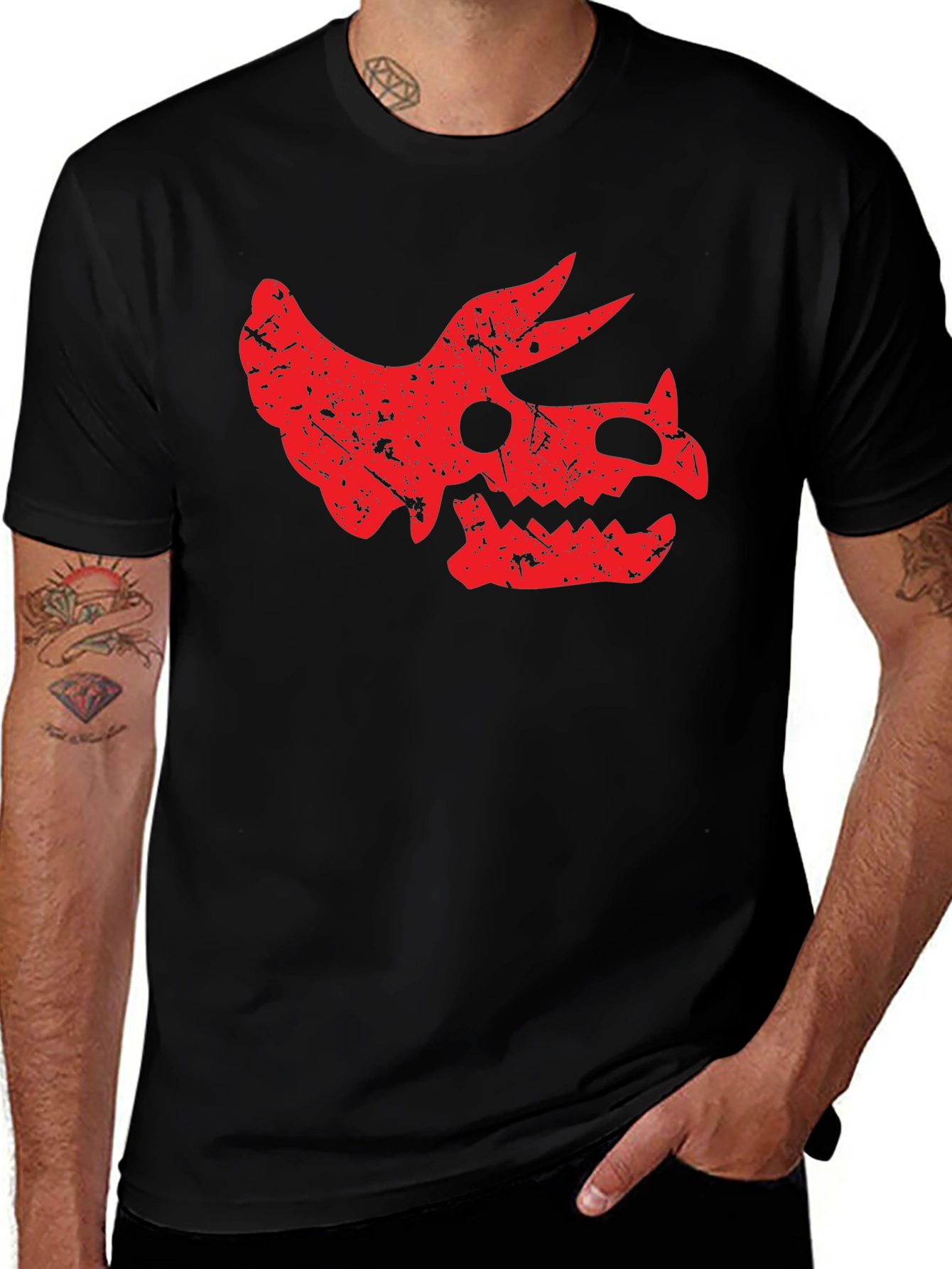 Dinosaur Skull Graphic Tee - Black Cotton T-Shirt