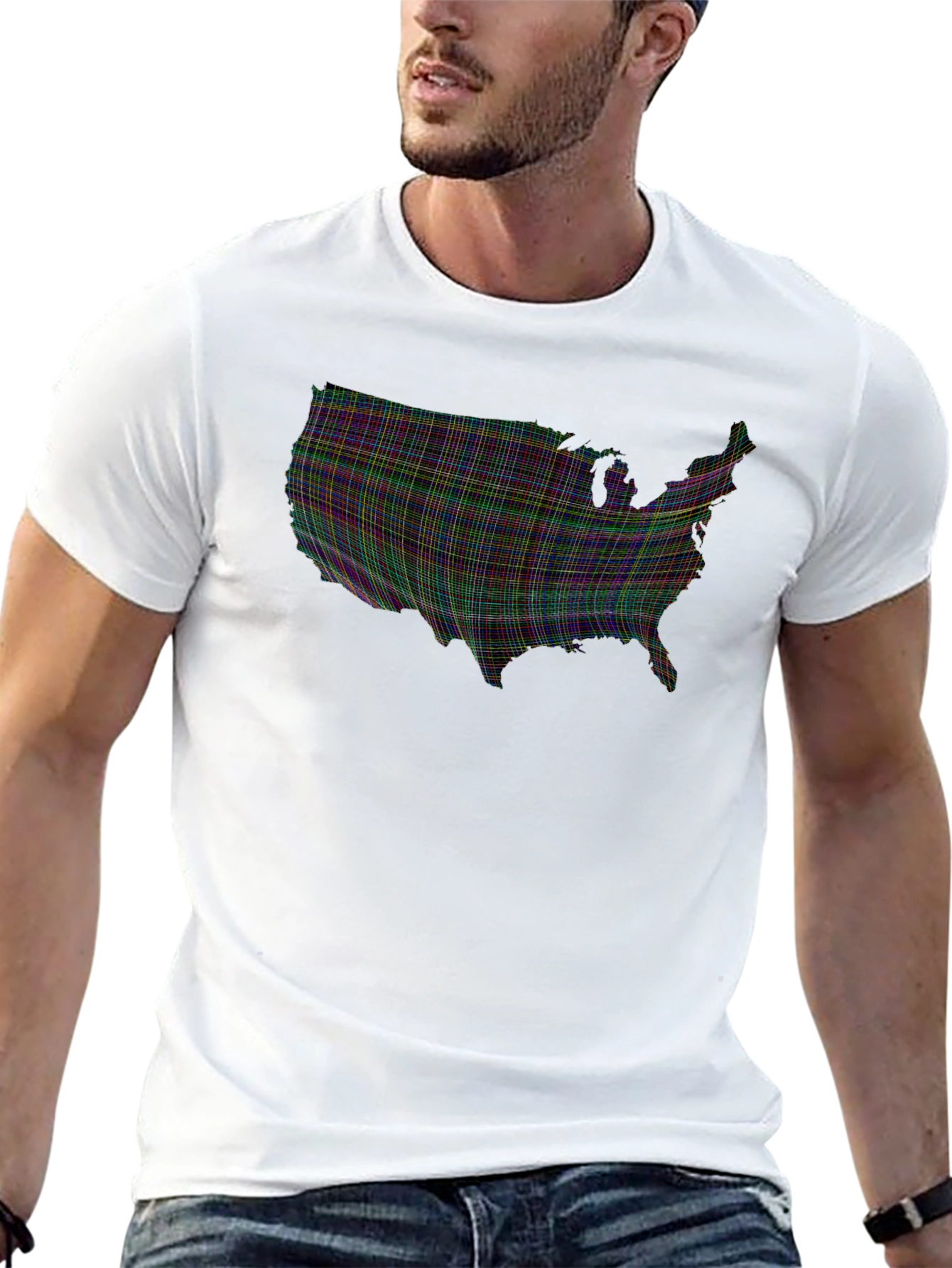 USA Map Plaid Graphic Tee - Mens Black T-Shirt