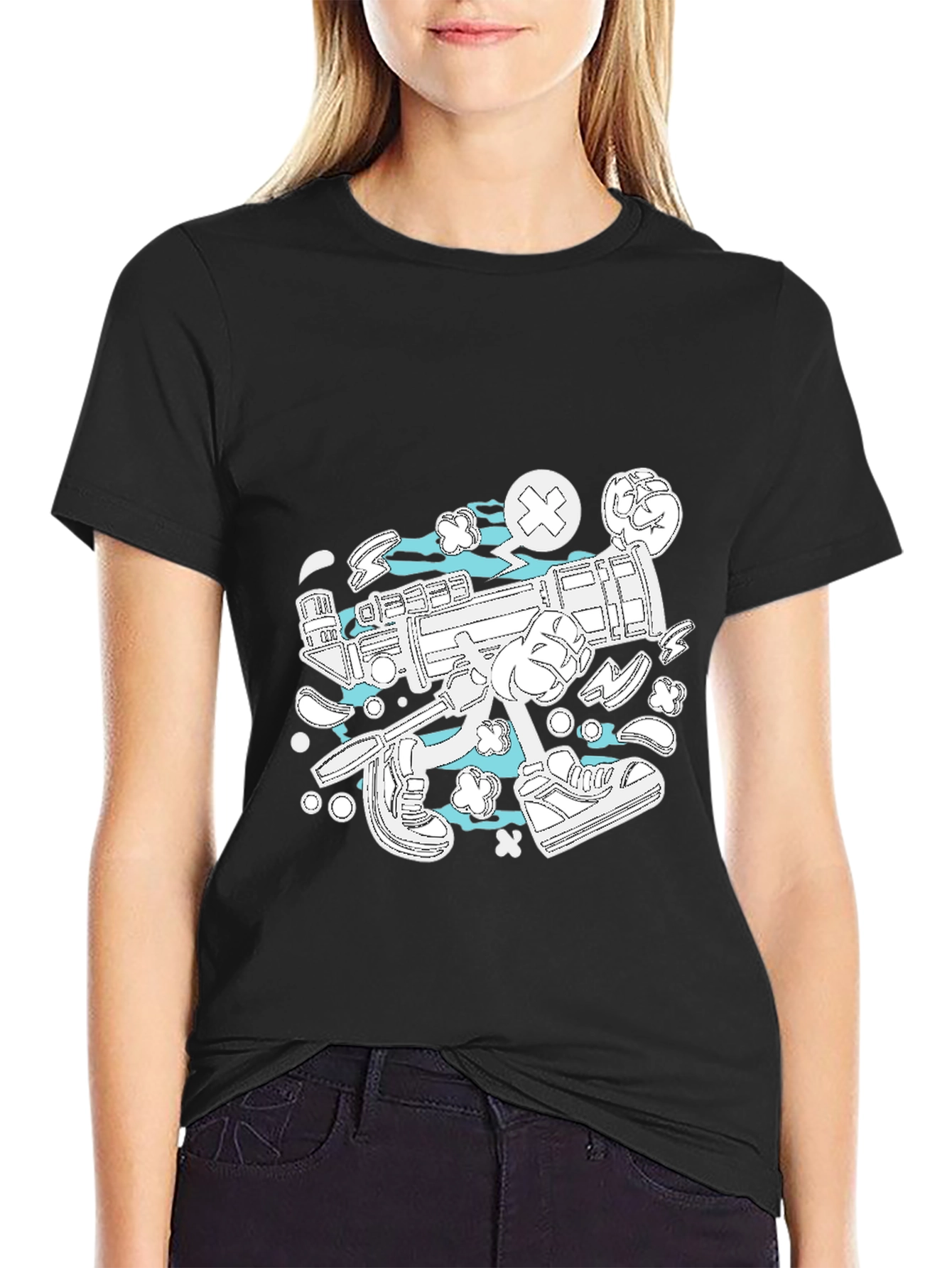 Funky Cartoon Style Graphic Tee - Black Cotton