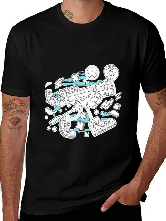 Funky Cartoon Style Graphic Tee - Black Cotton