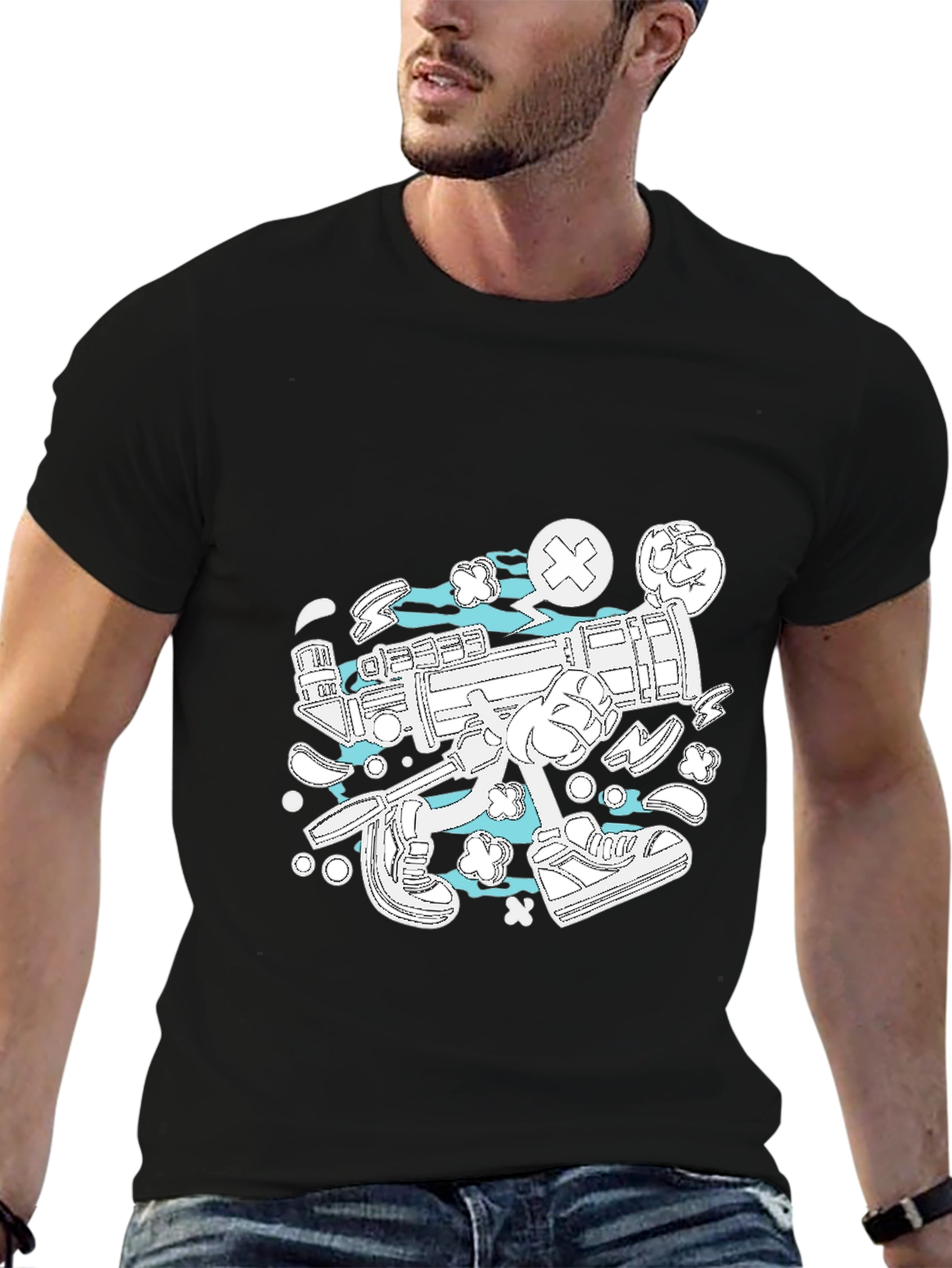 Funky Cartoon Style Graphic Tee - Black Cotton