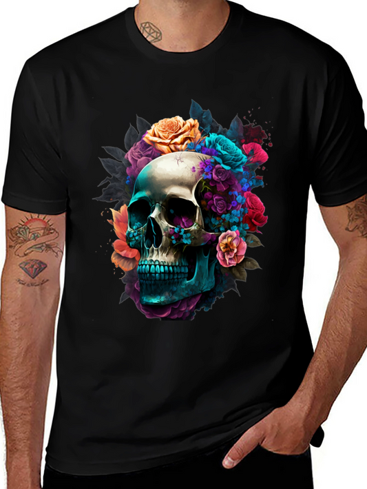 Floral Skull Graphic Black T-Shirt