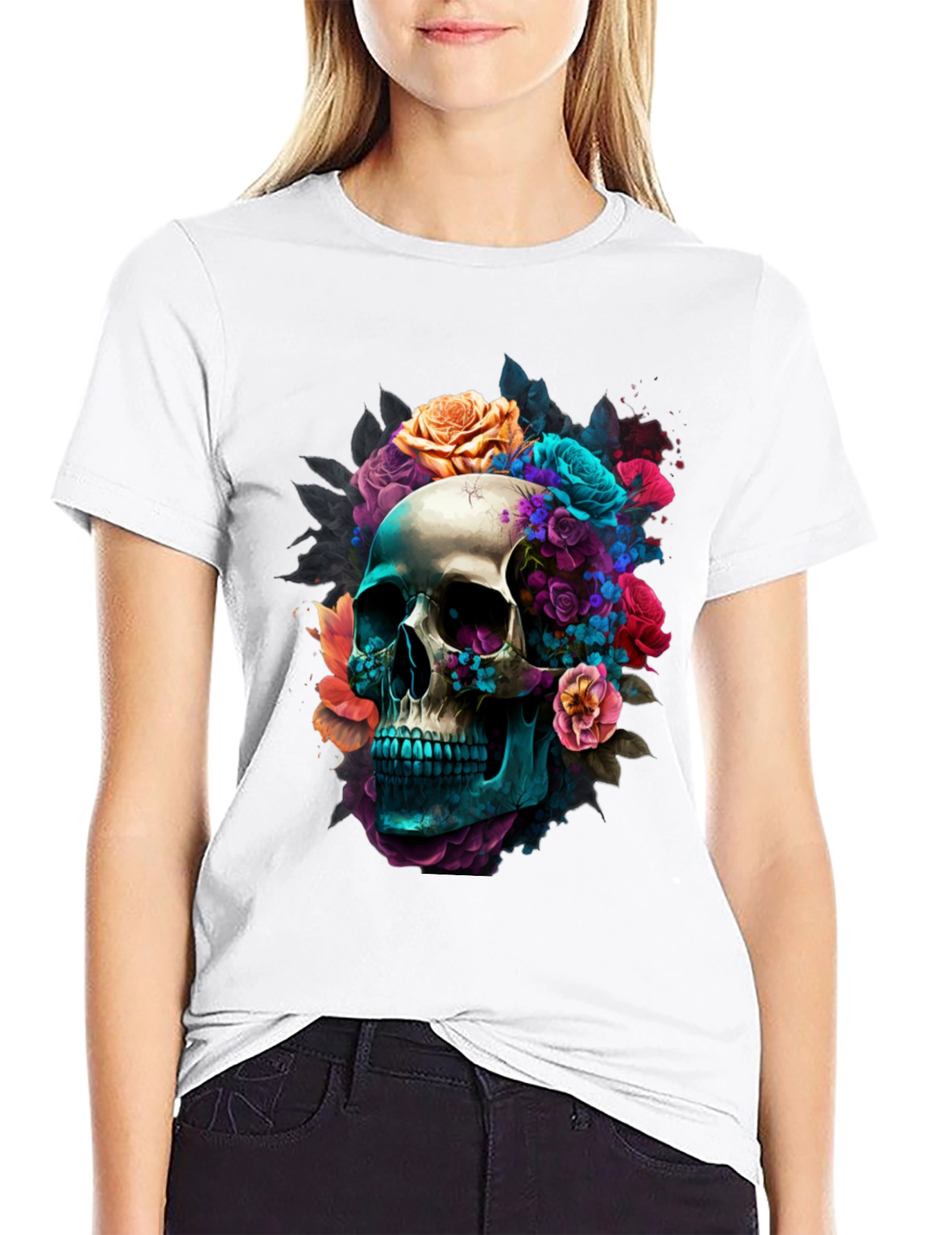 Floral Skull Graphic Black T-Shirt
