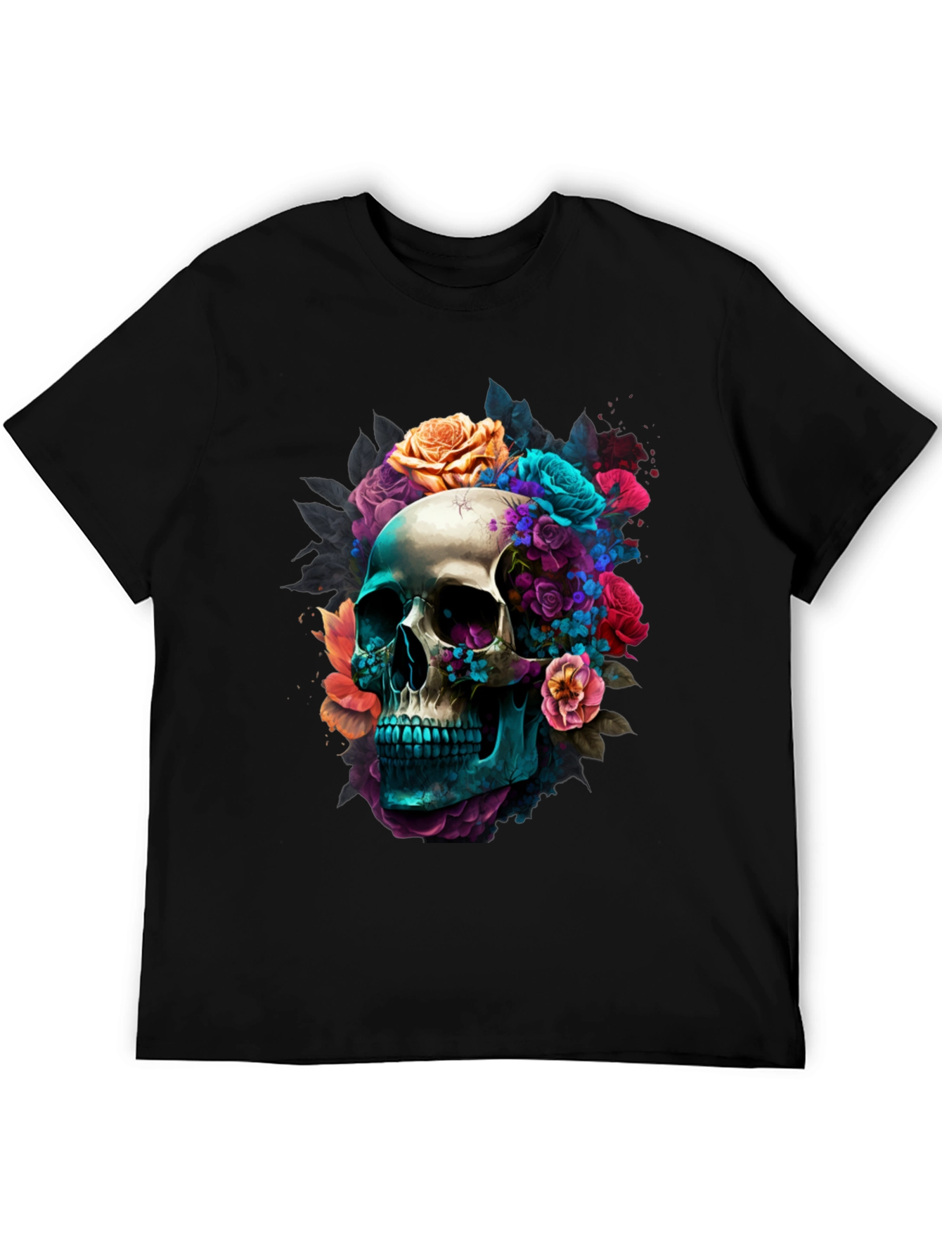 Floral Skull Graphic Black T-Shirt