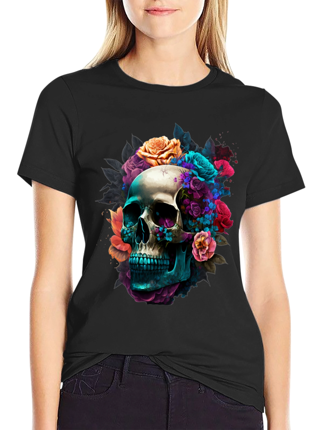 Floral Skull Graphic Black T-Shirt