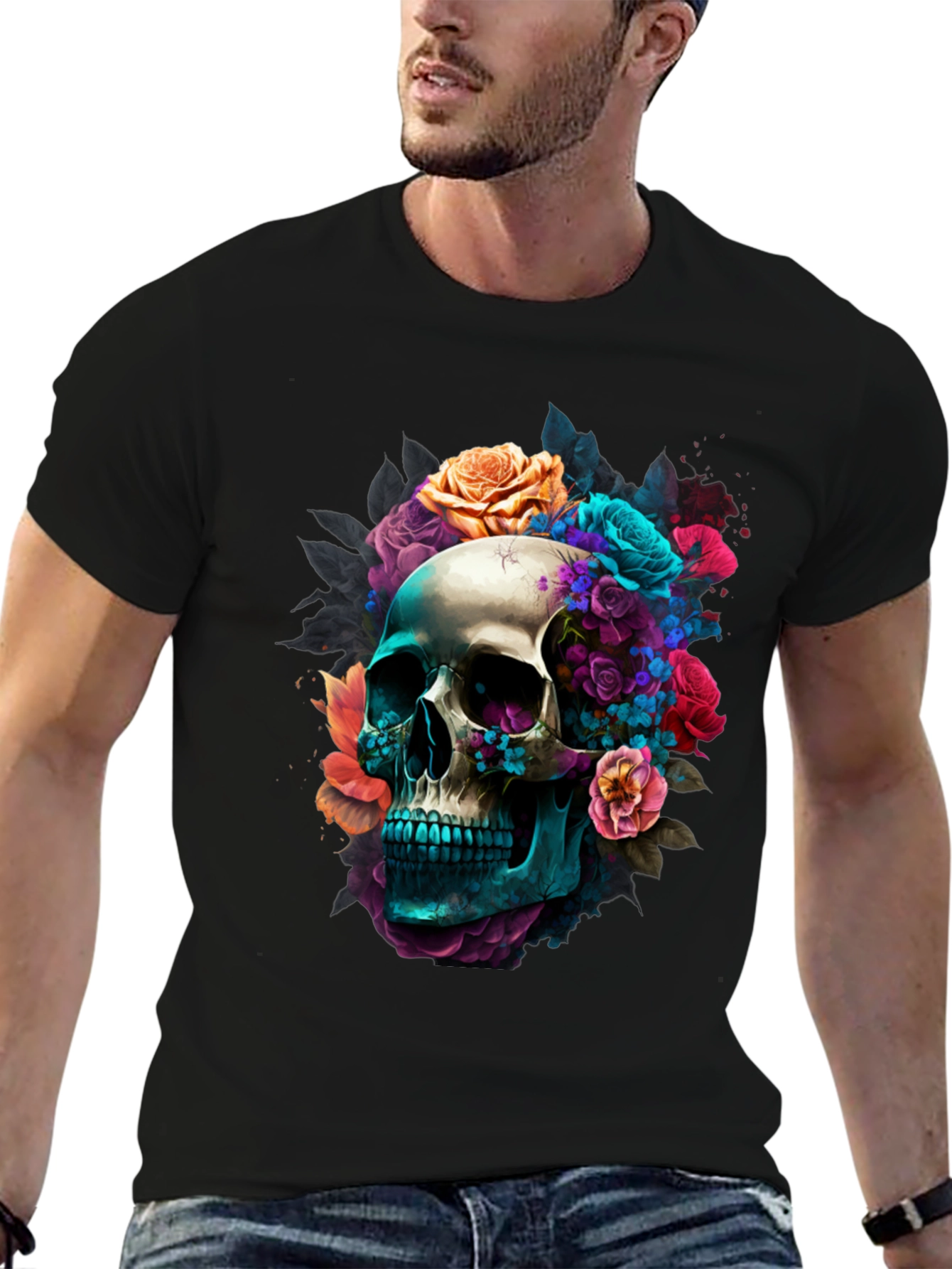 Floral Skull Graphic Black T-Shirt