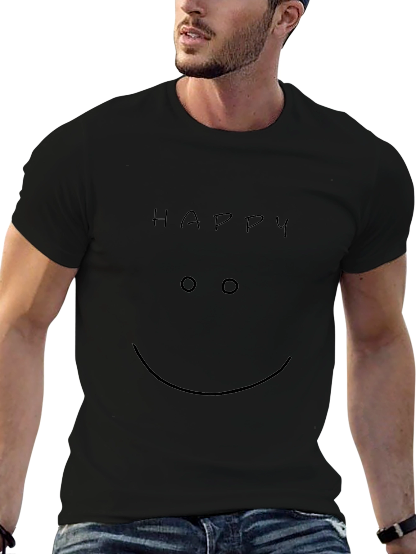 Happy Face Graphic Tee - Black Crew Neck T-Shirt