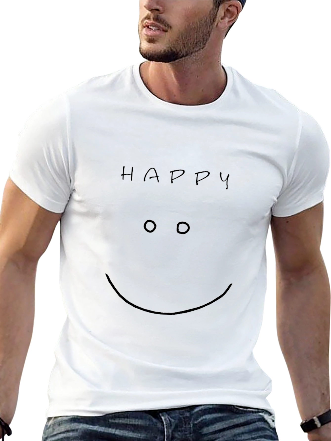 Happy Face Graphic Tee - Black Crew Neck T-Shirt