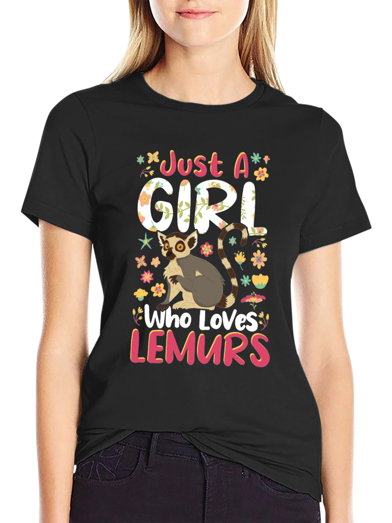 Just a Girl Who Loves Lemurs Black Graphic Tee