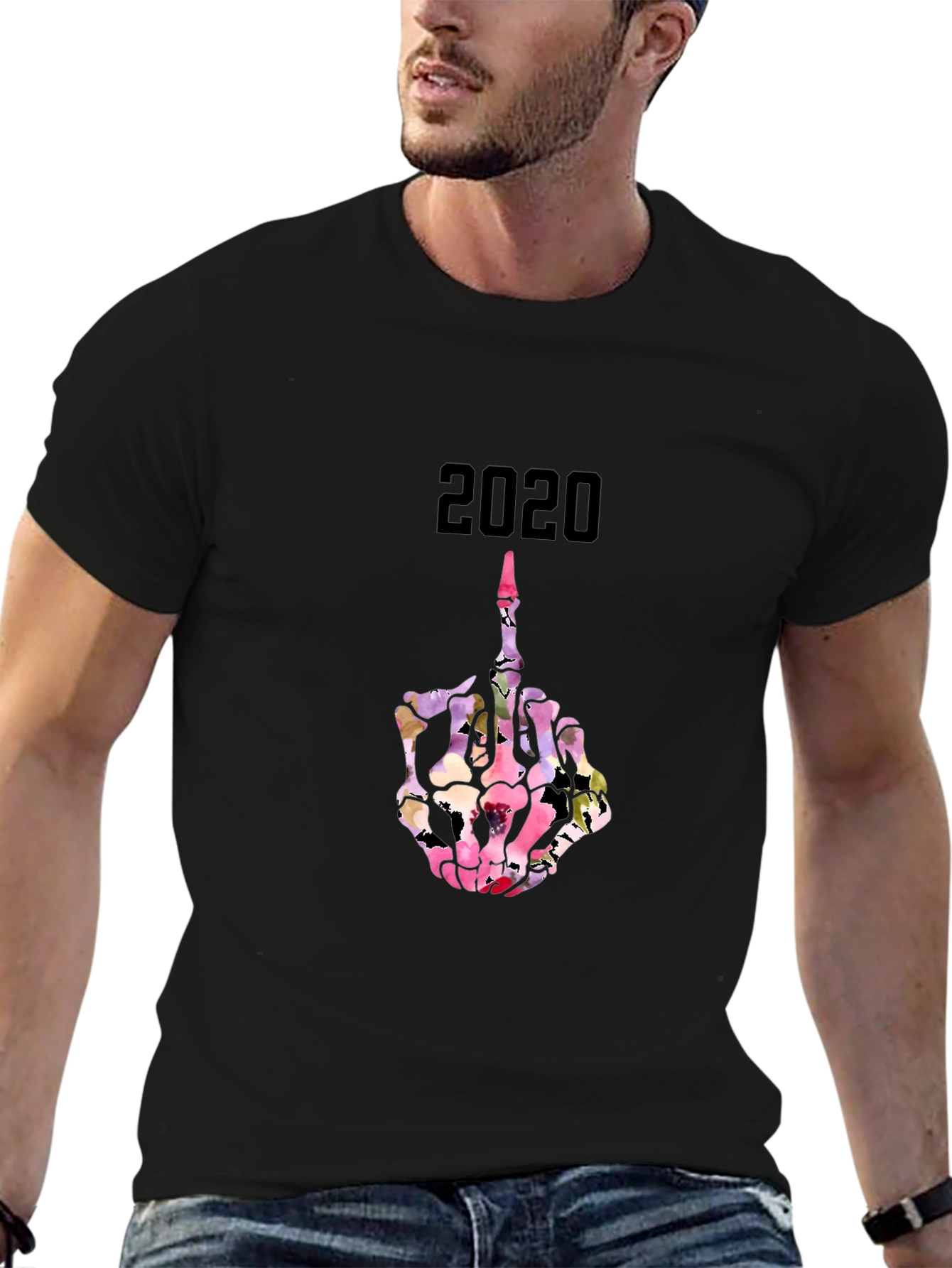 2020 Floral Skeleton Middle Finger T-Shirt