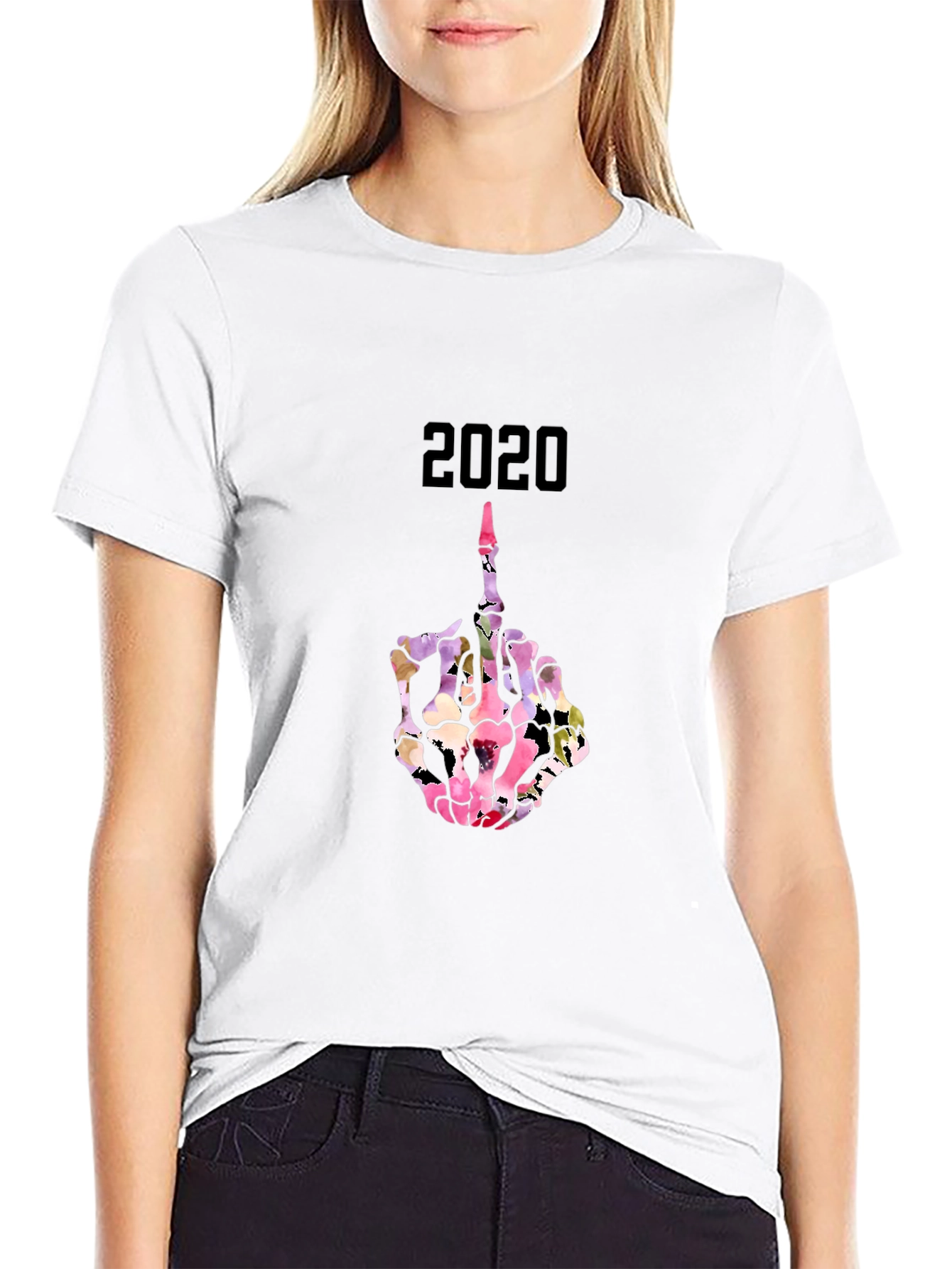 2020 Floral Skeleton Middle Finger T-Shirt