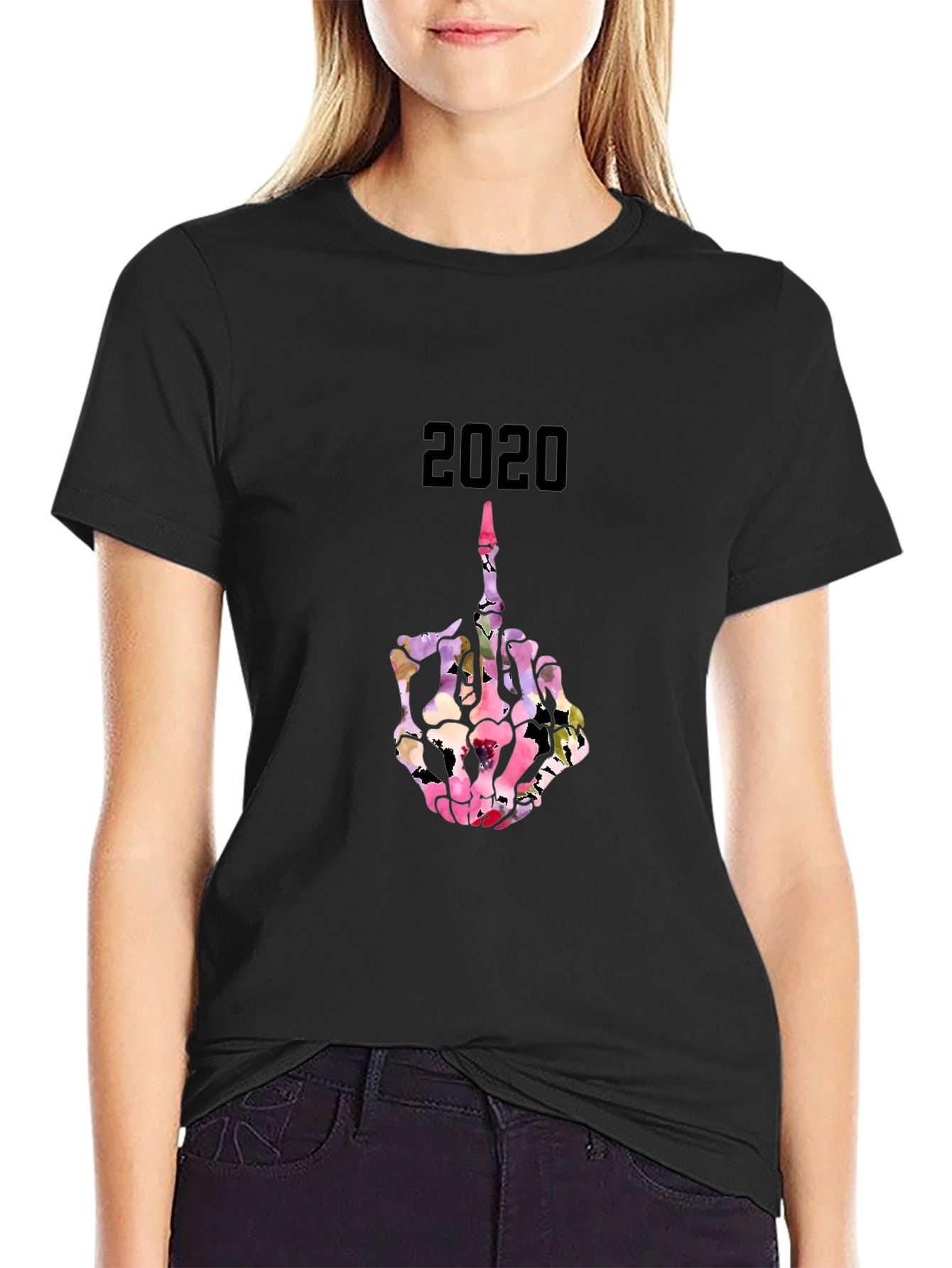 2020 Floral Skeleton Middle Finger T-Shirt